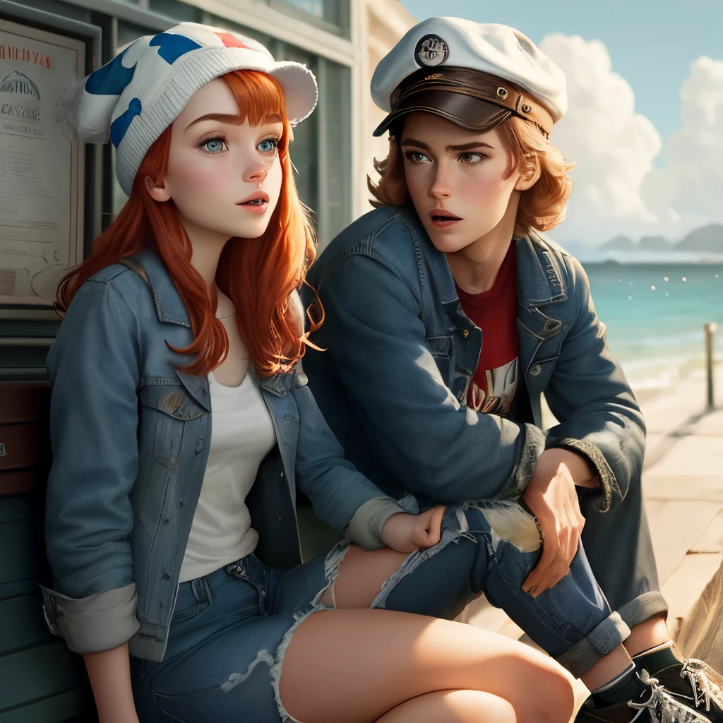 Affiche Disney pixar, fille cheveux auburn , undular jusqu'au épaules, casquette blanche, converse verte, jean bleu clair, veste de pluie bleue marine,