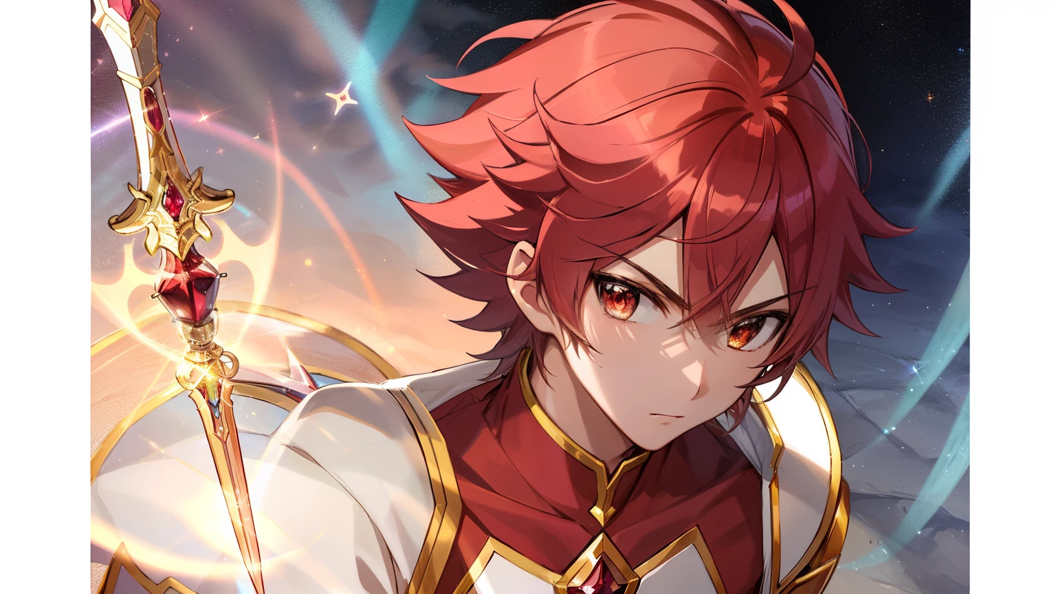 Close-up of a boy in a white dress costume with a sword, Knight of Zodiac Boy, Portrait Knight of Zodiac Boy, Boy with short red hair, Boy with brown eyes, Muscular men, masculine and muscular, Shining ruby armor, Enchanting Prince Night, Dressed in light armor, Dress Armor Boy, Shiny ruby armor, Galactic Prince, Crystal Ruby Armor, Hymns to the King as a Prince, High quality anime art style, smooth anime cg art, Prince Knight, digital manga art, Magical Boy Anime Mahou Shōnen, Prince of Ruby, Ruby reflective armor