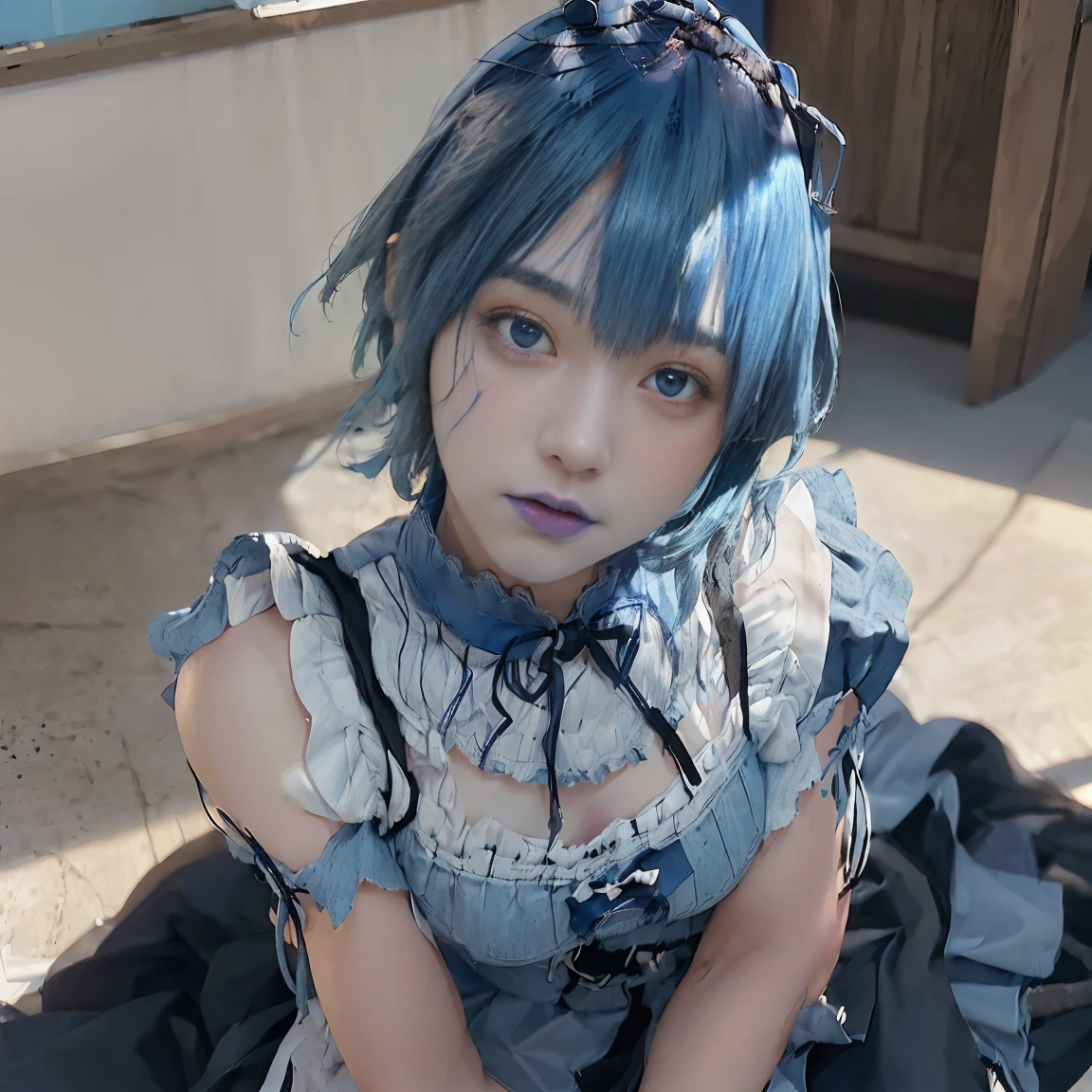 (((photorealistic))), ((realistic)),girl,solo,((blue hair)), short hair ,MaidOutfit,valley