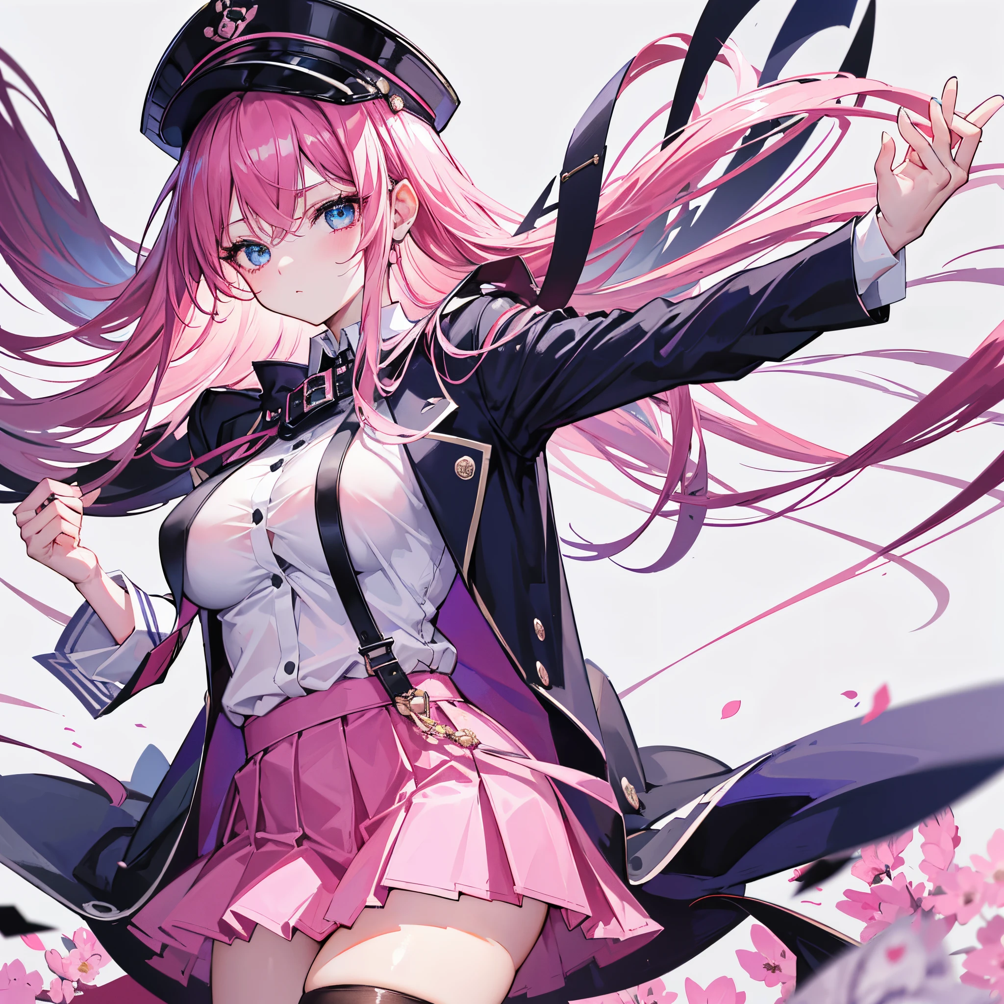high qulity, tmasterpiece, ultra - detailed, 校服, Very short skirt, Unfasten your shirt, blackstockings, pink panty, Collar, women's headwear, 1个Giant Breast Girl, Alone, calm expression, Pink Long Hair, captivating blue eyes, fox ear, , Large breasts,spread their legs,lifting up skirt