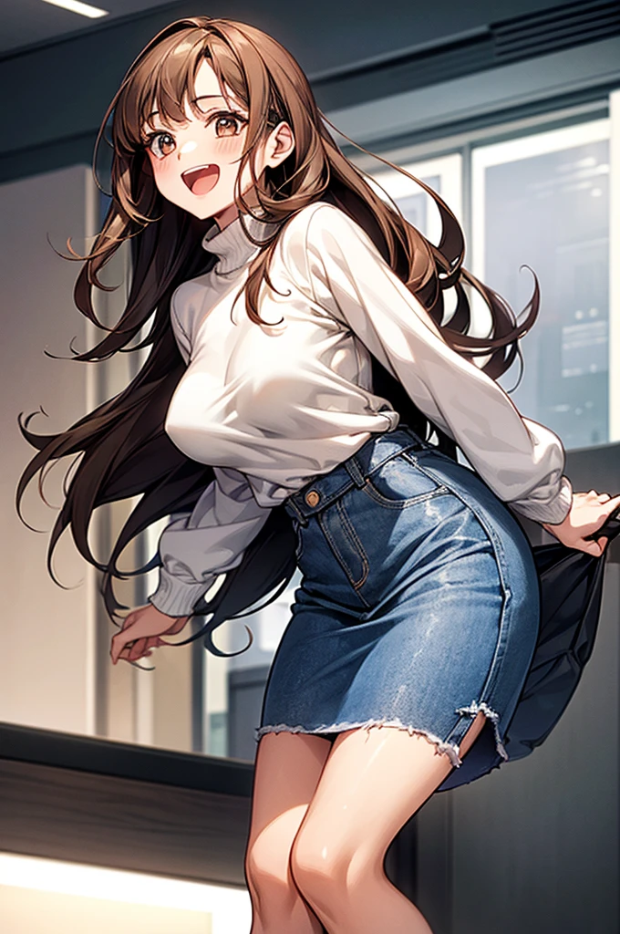((1girl in)), Curate, Anatomically correct, Super Detail, top-quality, Very delicate, The upper part of the body, Very ite and cute girl , (Breasts are big:1.5), very babrown hair, loose and fluffy semi-long hair, White long sleeve sweater, Denim skirt, Veranda of a modern high-rise apartment, Laughing with open mouth, washing, from the front side