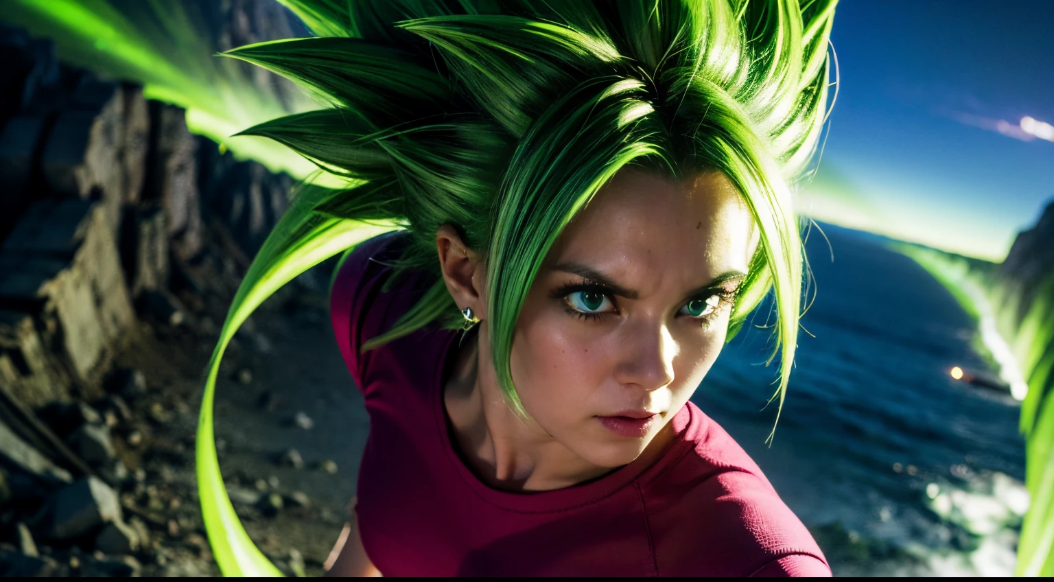 xyzkefla, super_saiyan, green_hair, green_eyes, 1girl, spiked_hair, energy, torn_clothes, jewelry, aura, leggings, red clothing, dramatic, cliffside, looking at viewer, detailed face, detailed eyes