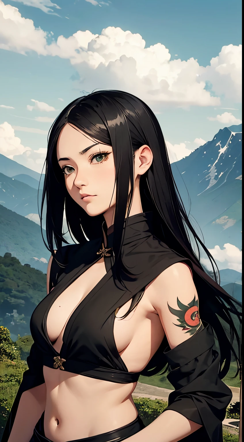 realistic anime style, from the front, Woman, Japanese, 20 years old, long black hair, green eyes, shaolin monk, open green monk clothes, bandages on holding the breasts, medium breasts, dragon tattoo, mountain scenery in the background