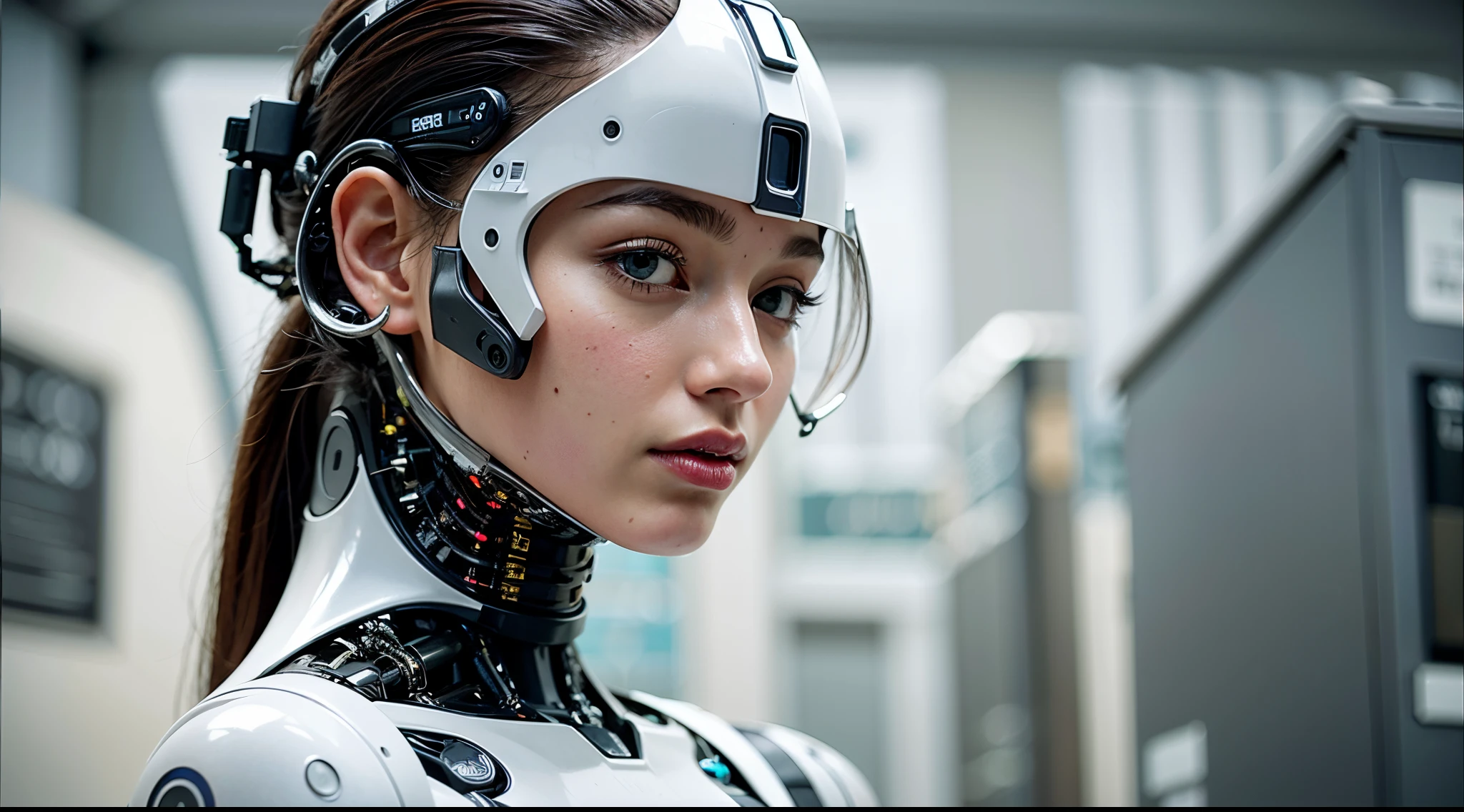 (best quality,ultra-detailed,realistic:1.37),robot representation,concept art,portrait,interaction between humans and AI,advanced technology,artificial intelligence,blurred background,soft lighting,machine-human relationship,harmonious color palette,shiny metal surface,unique design,sophisticated expression,impressive digital rendering,dynamic composition,reflection effects,high-tech atmosphere,sci-fi aesthetics,positive future,mutual cooperation,innovation in society,evolution of technology,scientific progress,harmony and balance,subtle emotions,deep understanding,imaginary world,thoughtful and intelligent,peaceful and serene ambiance,dreamy and surreal,engaging with viewers,promoting dialogue and reflection.