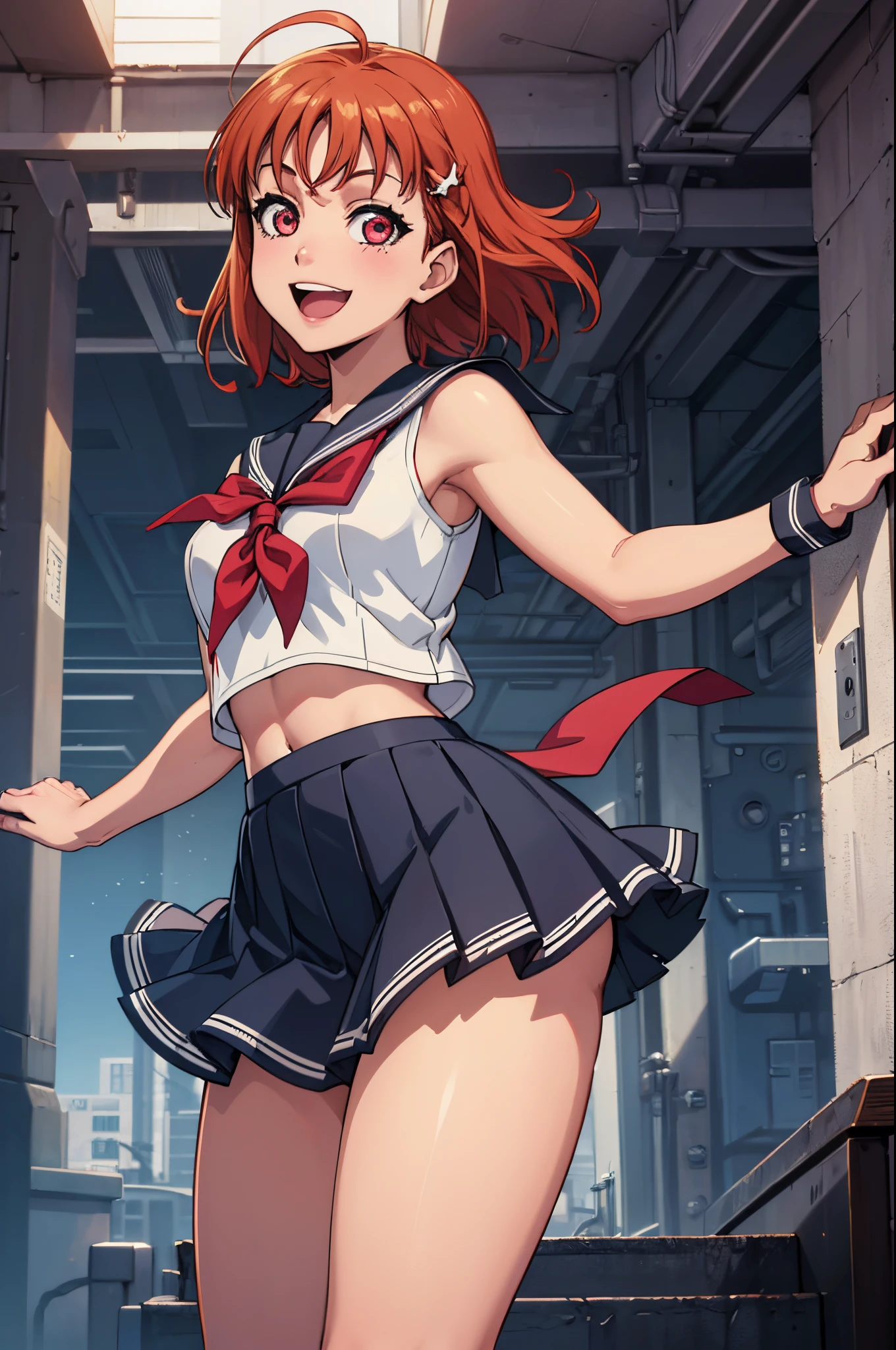(best quality,4k,8k,highres,masterpiece:1.2), ultra-detailed, takami chika, sailor top, school skirt, midriff, energetic pose, slightly excited and smile, sleeveless, thighs, cowboy shot