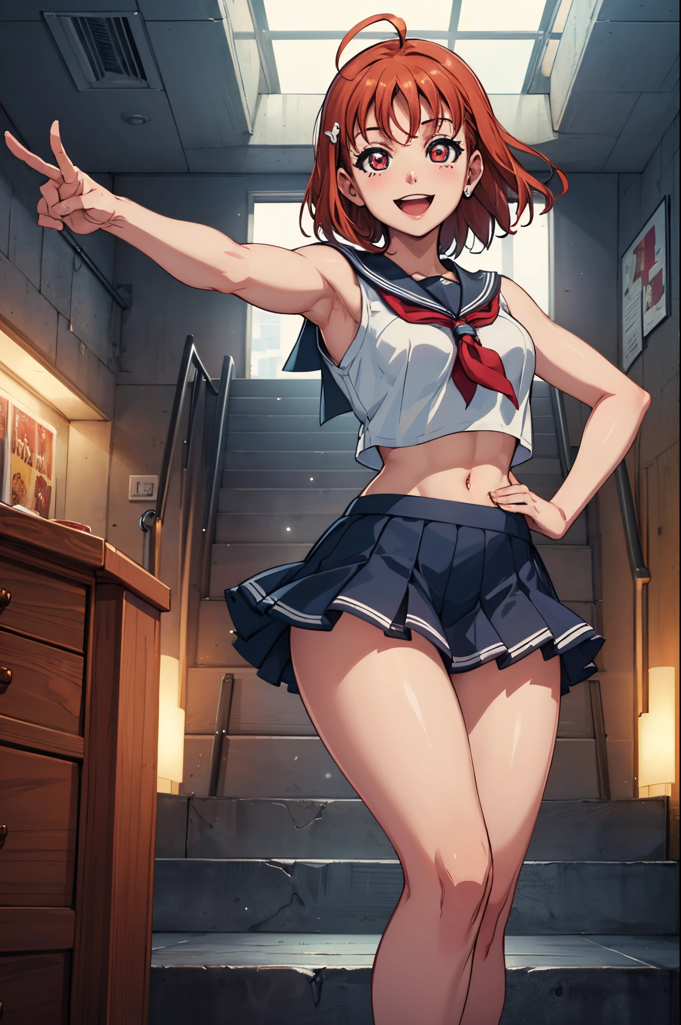 (best quality,4k,8k,highres,masterpiece:1.2), ultra-detailed, takami chika, sailor top, school skirt, midriff, energetic pose, slightly excited and smile, sleeveless, thighs, cowboy shot