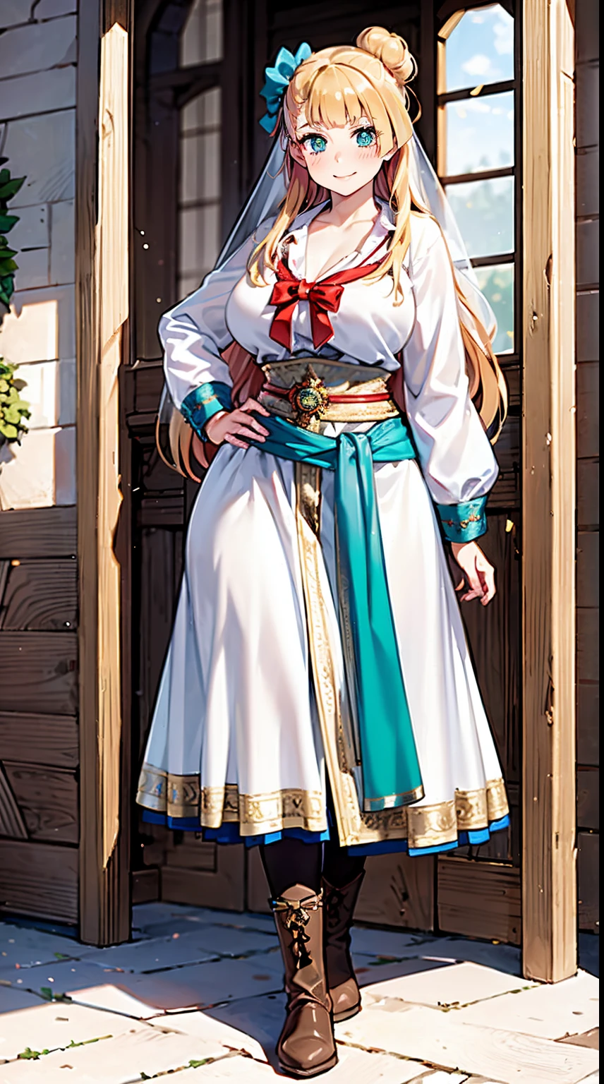 galko,1girl, solo, smile, full body, standing, long skirt, priestess, religious, holy, cute, blush, ,tall female, medieval clothing, white veil, tunic, long skirt,boots, huge brest, curvy,sexy, sensual, volouptouse, thicc, , jade green eyes