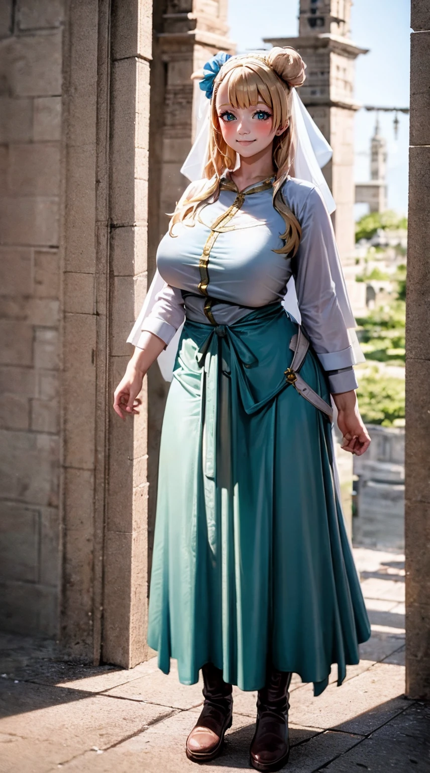 galko,1girl, solo, smile, full body, standing, long skirt, priestess, religious, holy, cute, blush, ,tall female, medieval clothing, white veil, tunic, long skirt,boots, huge brest, curvy,sexy, sensual, volouptouse, thicc, , jade green eyes