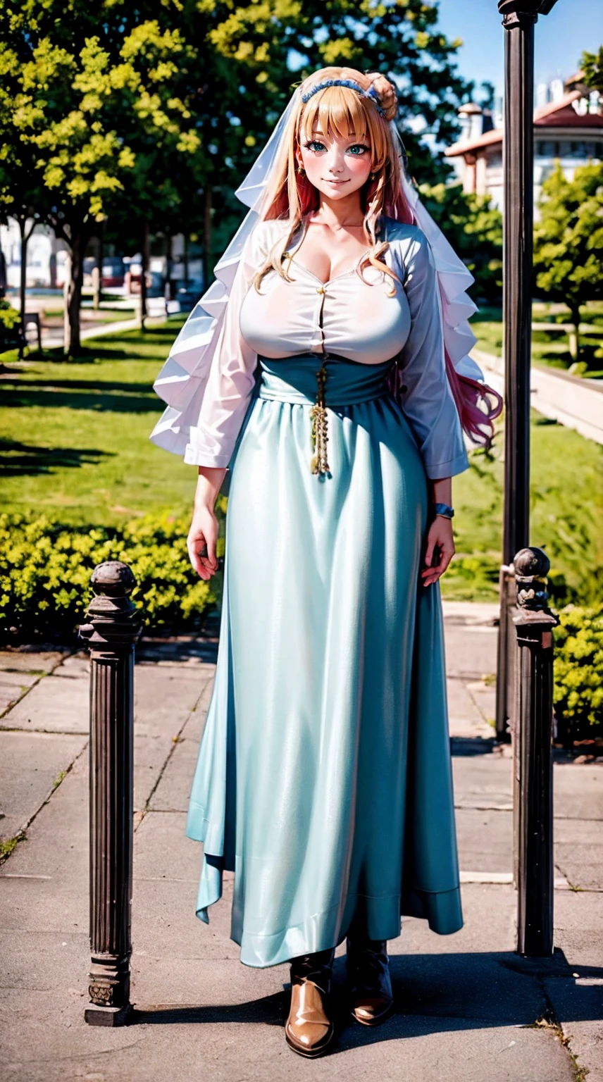 galko,1girl, solo, smile, full body, standing, long skirt, priestess, religious, holy, cute, blush, ,tall female, medieval clothing, white veil, tunic, long skirt,boots, huge brest, curvy,sexy, sensual, volouptouse, thicc, , jade green eyes