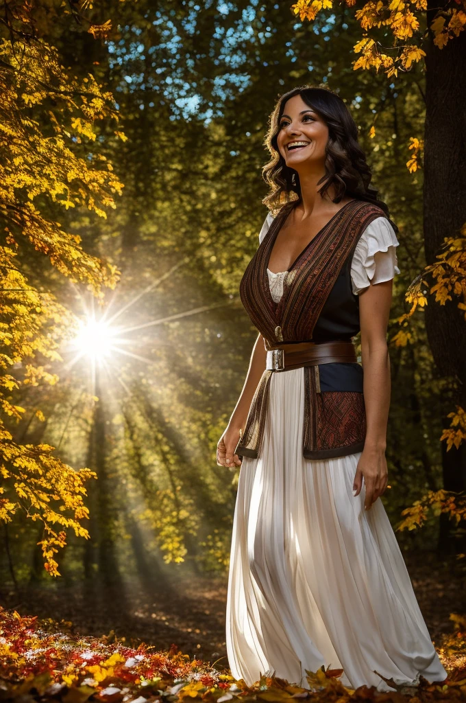 In the image, the foreground shows the face and upper body of a beautiful 40-year-old brunette italian woman with medium-length hair, very big breasts, smiling, dressed in a very large open black waistcoat (her navel and her breasts are visible) and white long skirt. The scene takes place in a clearing of an oak forest in autumn, the leaves of the trees displaying the vibrant colors of red, orange and yellow. Behind him, an old stone house. The autumn sun's rays filter through the foliage, creating soft shadows all around. Hyper-realistic rendering, using a Canon EOS 5D Mark IV camera with a Canon EF 24-70mm f/2.8L II USM lens.