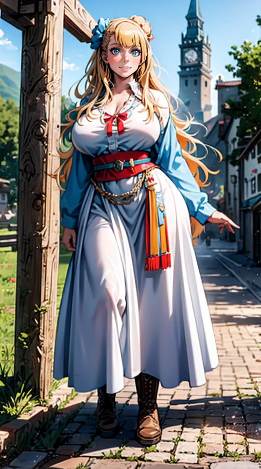 galko,1girl, solo, smile, full body, standing, long skirt, priestess, religious, holy, cute, blush, ,tall female, medieval clothing, white veil, tunic, long skirt,boots, huge brest, curvy,sexy, sensual, volouptouse, thicc, , jade green eyes