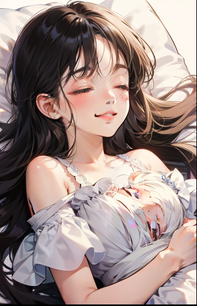 girl with、Background white、without background、A dark-haired、The long-haired、Contrasting bangs、sleep、sleeping princess、one piece dress、with blush cheeks、Smiling、kawaii、without background