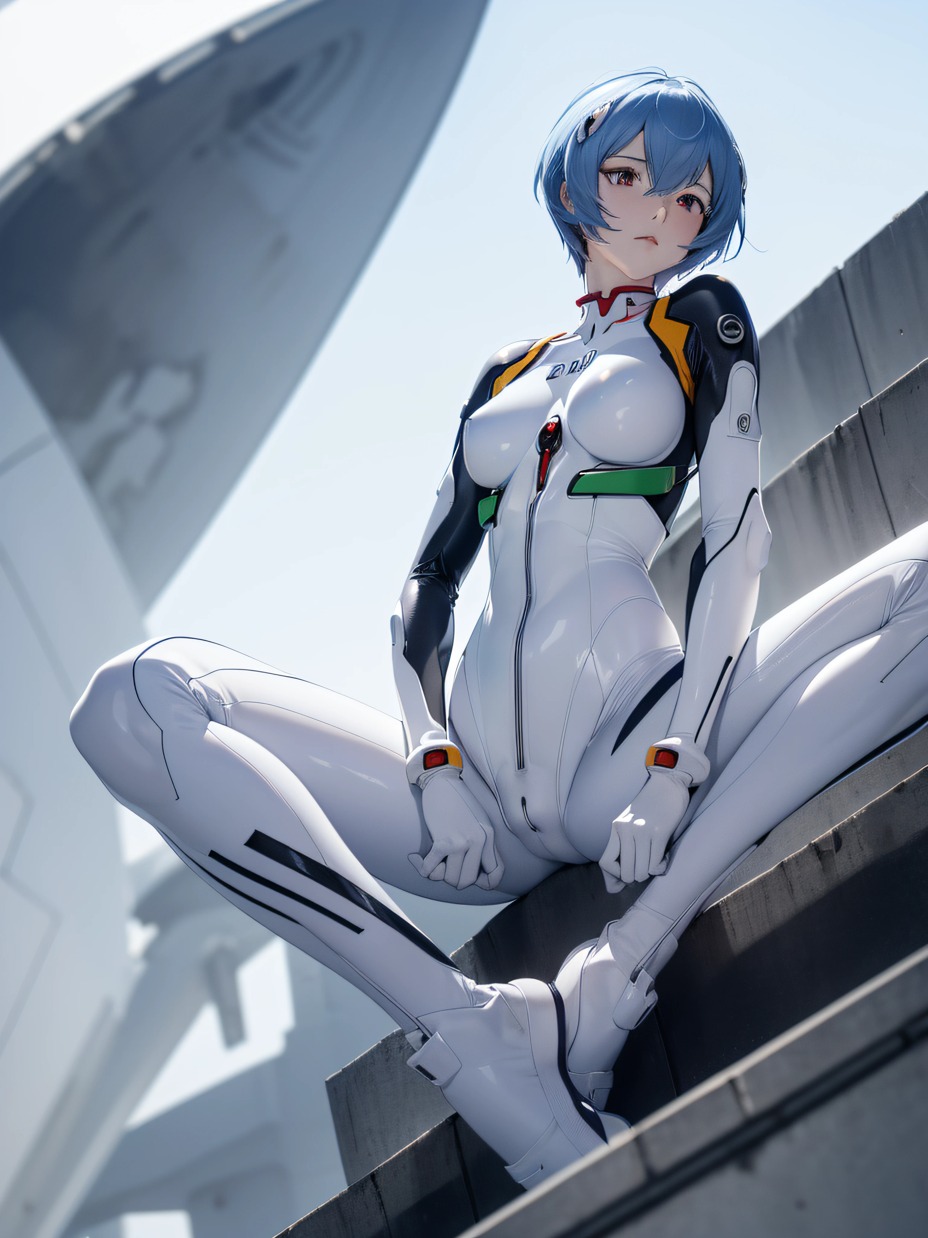 (masutepiece, Best Quality, Ultra-detailed, 8K, Wallpaper, Photorealistic), ((Perfect hands)), ((Perfect Anatomy)), medium cleavage,  ((charming anime girls)), ((Rei Ayanami)), ((Capturing her ethereal beauty with pale skin, The dense indigo short hair is impressive)), ((Eta、Bright red eyes that seem to hide the abyss of mystery)), ((She wears her signature white plug suit, Sleek and fit to the body, With subtle blue accents)), ((medium shot, From below)), ((dynamic background)), ((Sensual Pose)),sit on stairs、Kamimei、(((Spread your legs apart:1.5)))、