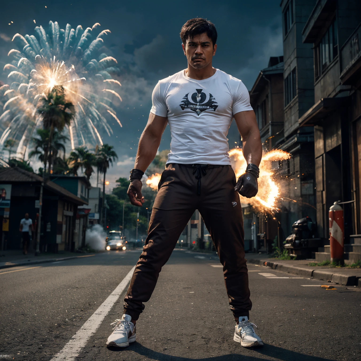 Java Man , gauntlet, iron gloves, full body, use white t-shirt with Indonesian letter, dark brown jogger pant 3/4, punch something, central city, 24 year old, road brake, disaster, around people, masterpiece, best quality, 4k, ultra detailed, illustration, day, explosions