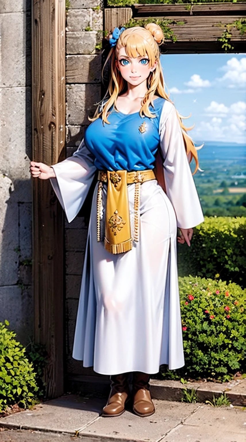 galko,1girl, solo, smile, full body, standing, long skirt, priestess, religious, holy, cute, blush, ,tall female, medieval clothing, white veil, tunic, long skirt,boots, huge brest, curvy,sexy, sensual, volouptouse, thicc, , jade green eyes