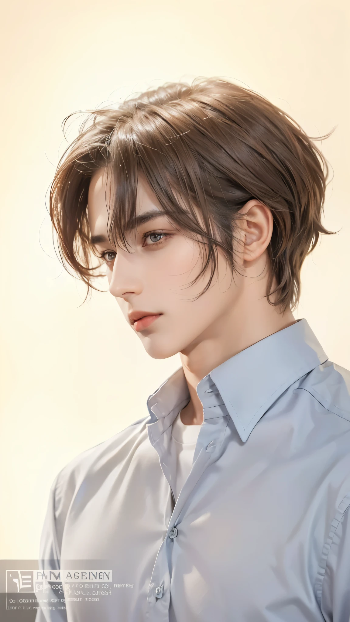 1man, dark brown hair, orange eyes, handsome, look at viewers, realistic clothes, detail clothes, white background, ultra detail, realistic