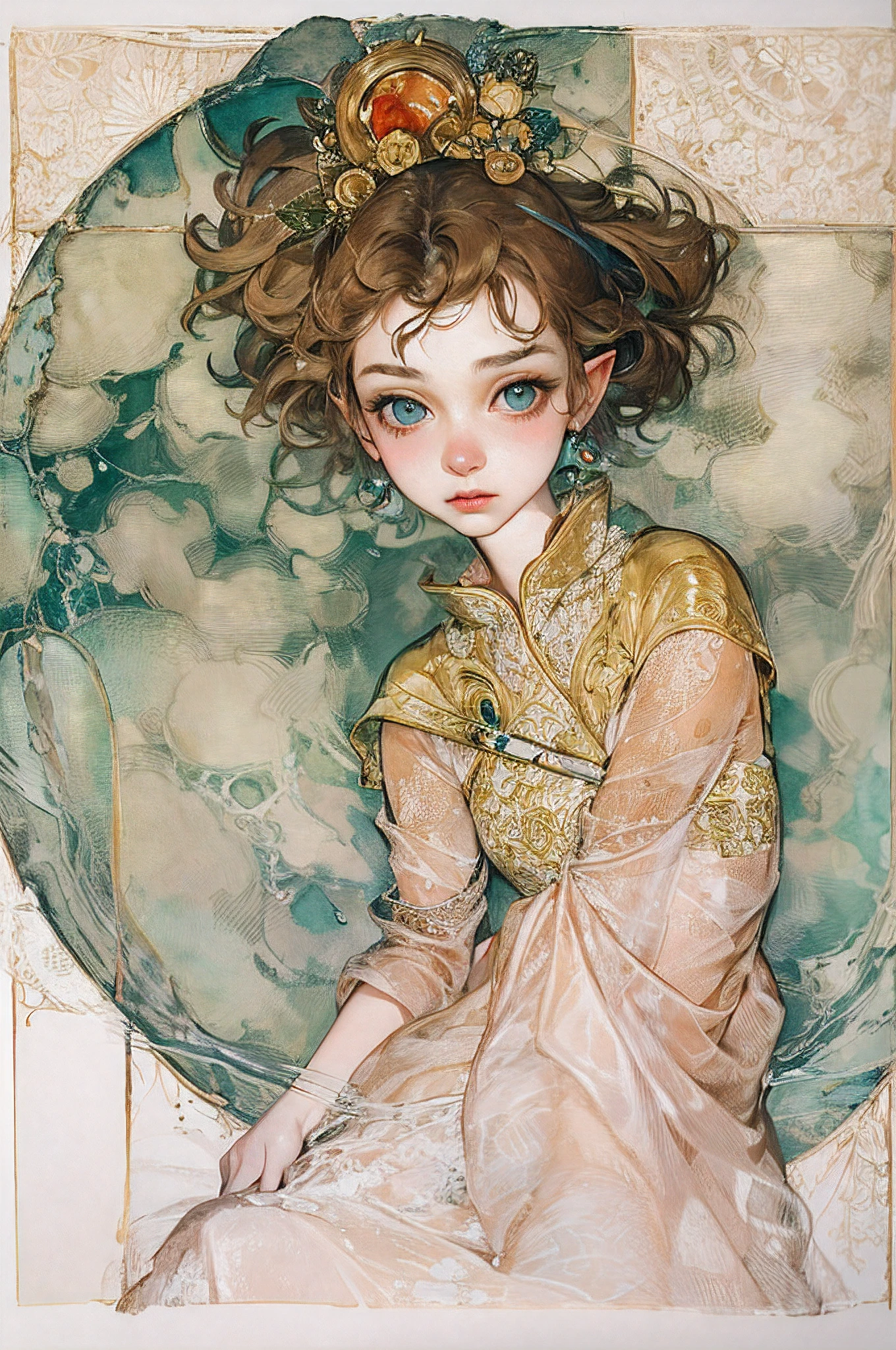（Egon Schiele）The elf princess flew up into the sky high enough to see the world and looked down on it. The world is not spherical but flat. The elf princess is very beautiful, wearing a glamorous dress.(Ink on Japanese paper, which tends to bleed easily)(contemporary art like a picture book) (transparent watercolor) (light itself expressed as real) (layers of soft, rich colors) (shades of paint dissolved thinly with water) (deep, delicate colors)