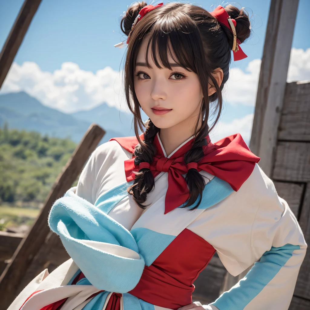 Light blue and pink color scheme,Sexy girl ,tiny body,Petite,tmasterpiece, Best quality at best,1个Giant Breast Girl, red bowtie, the bow, long whitr hair, hair pin, Ainu clothing, Alone, shairband, The bird, brunette color hair, Fingerless gloves, short- sleeved, mitts, Sash, trouser, By bangs, red hairband, arma, boobgasm, Brown eyes, white pantie, komono, nakoruru, light smile, offcial art, Good composition, official pose, Detailed portrait, sportrait, bokeh, Clouds and mountains background, samurais, onmyoji style, A high resolution, Dramatic lights and shadows, sunflare, blurryforeground
