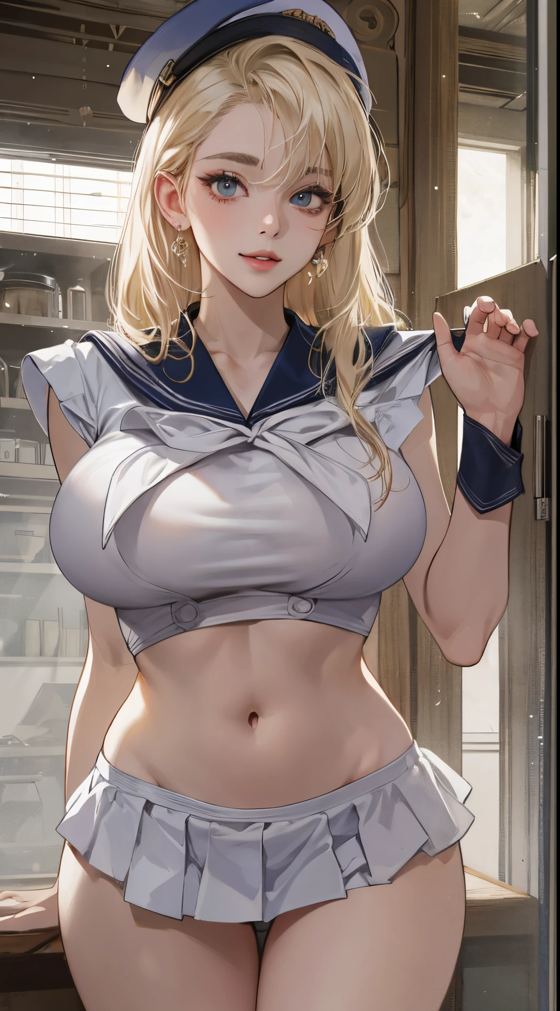 top-quality、realistic touch,high-detail、photoRealstic、、Long body、skirts that are too short、big eye、Her big breasts are so swollen that they threaten to tear her clothes....................、Strong platinum blonde eyelashes、platinum-blonde、Beautie、A sexy、full body Esbian、Sparkling eyes、Submissive smile、Flushed cheeks、Kamimei、thin-waist、Sleeveless、Voluptuous thighs、Enraptured look、High school student in sailor suit、Standing