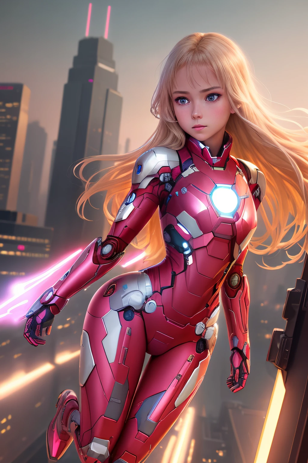 close up 1girl in, ager, Solo, Aesthetic artwork, blond, straight blonde hair, super long blonde hair, light blue eyes, some small freckles, pale skin, A-cup, small breasts, runners body, (thin hips, thin waist: 1.25), detailed skin, shy smile, (action shot flying: 1.25), ((She(Side View), full body shot, she is wearing a futuristic Iron Man mech, pink and black color scheme, highly detailed)), very detailed city roof background, rooftop, overlooking the city, 50mm, 4k textures, soft cinematic light, RAW intricate, elegant, highly detailed, sharp focus, ((((cinematic look)))), soothing tones, insane details, intricate details, hyperdetailed, low contrast, soft cinematic light, dim colors, exposure blend, hdr, faded