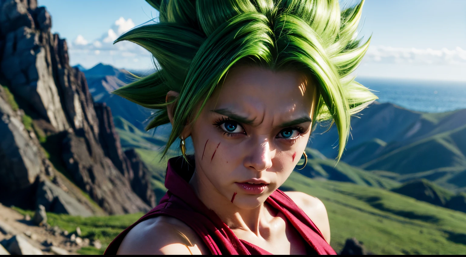 xyzkefla, super_saiyan, green_hair, green_eyes, 1girl, spiked_hair, energy, torn_clothes, jewelry, aura, leggings, red clothing, dramatic, cliffside, looking at viewer, detailed face, detailed eyes