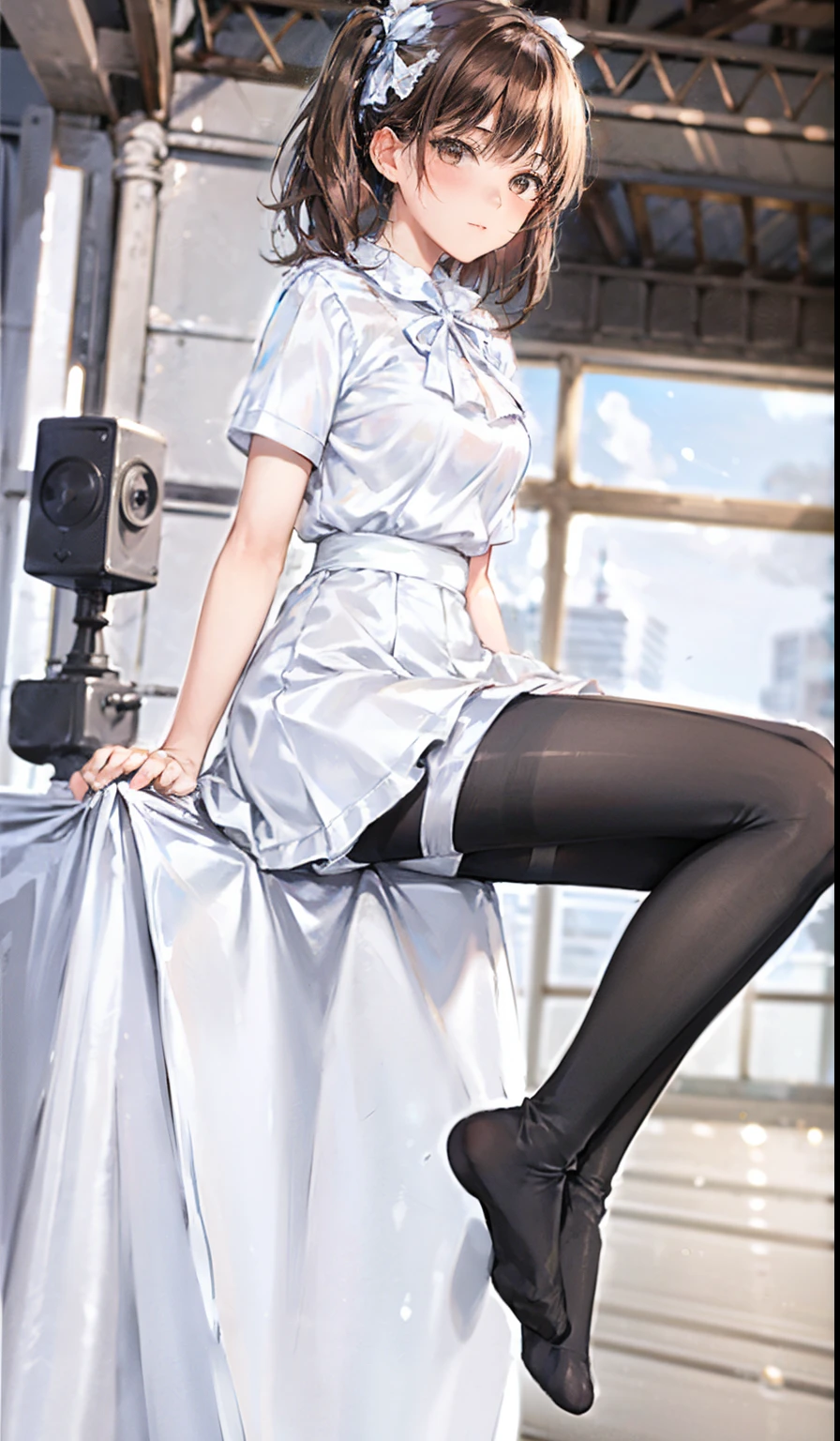 there is a woman sitting on a chair in a white shirt, full length and white stockings, thighhighs and skirt, Bottom Angle, shiny plastic, pantyhose, Wearing white tights, nylon tights, ripped pantyhose, pantyhose tights, silky garment, Smooth white tight clothes suit, taken with canon 5d mk4, White stockings, White tights