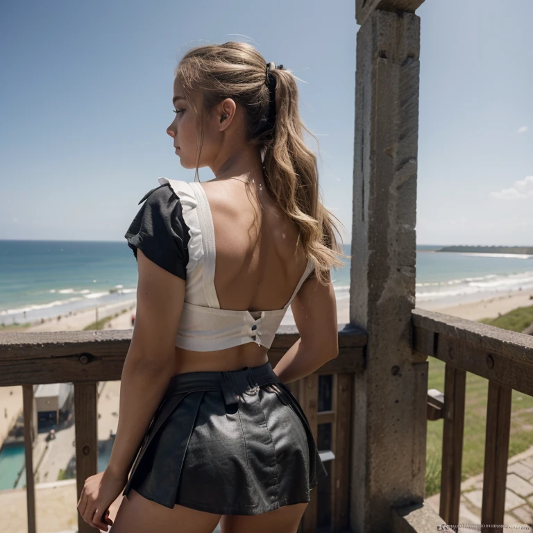 Rear view, ultra high definition, ultra high resolution, full sharpness, maximum quality, Cinematic, 8k, Paige VanZant, 14 years old, looking at the horizon, ((wearing medieval miniskirt)), ((wearing medieval top)) erotic picture