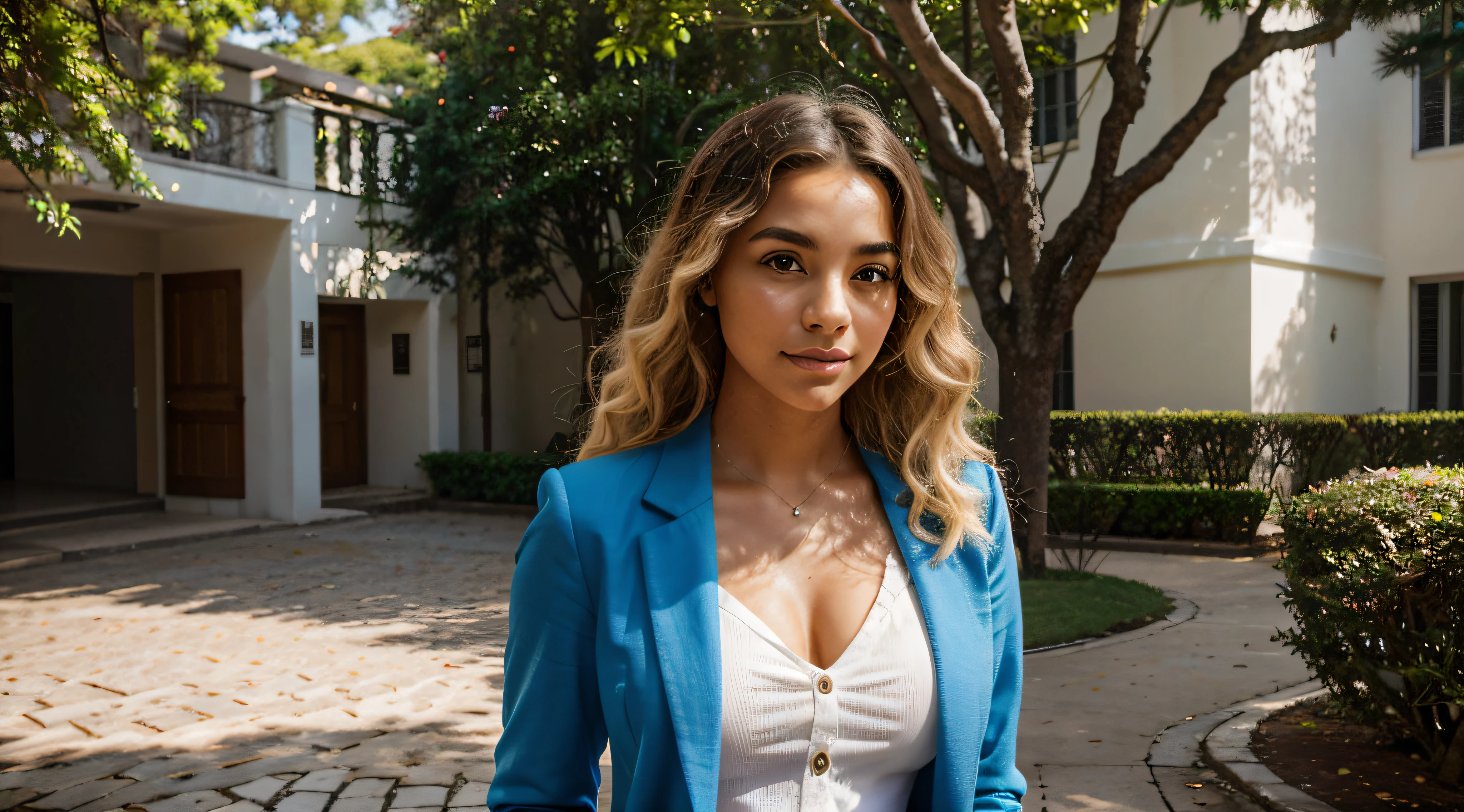 In the radiant glow of a sunny afternoon on the university campus, an Afro-Brazilian student with gorgeous blonde curls exudes confidence and style as she gracefully walks through the gardens. Vestido com um conjunto sofisticado, ela usa um blazer azul que complementa sua personalidade vibrante, paired with a crisp white blouse for a classic touch.

A luz do sol banha o campus com uma aura calorosa e convidativa, casting a soft play of light and shadows on the cobblestone paths and surrounding vegetation. The camera expertly captures the subtle details of the scene, destacando as texturas das roupas do aluno e os elementos naturais do ambiente.

Seus cachos loiros, curled with natural elegance, enquadrar seu rosto em um halo radiante. A luz solar captura os fios individuais, mostrando a beleza e a singularidade de seu penteado encaracolado. Sombras abaixo dos cachos adicionam profundidade, melhorar o impacto visual geral.

Facial features are carefully portrayed, capturing the essence of refined, confident behavior. High, captivating cheekbones, Slightly narrowed eyes contribute to an air of grace and sophistication. Lips are full and expressive, highlighting the charismatic presence of the model.

Camera angles offer multiple perspectives, capturing the model in motion as she navigates the campus scene. The blue blazer and white blouse stand out against the vibrant campus backdrop, criando um contraste visual impressionante. Background includes iconic university landmarks, combining the sophistication of academic architecture with the natural beauty of the surroundings.

This detailed image aims to bring to life the radiant elegance and individuality of an Afro-Brazilian student with blonde curls, vestida com um blazer azul e blusa branca, celebrating your unique beauty and confident presence on the college campus.