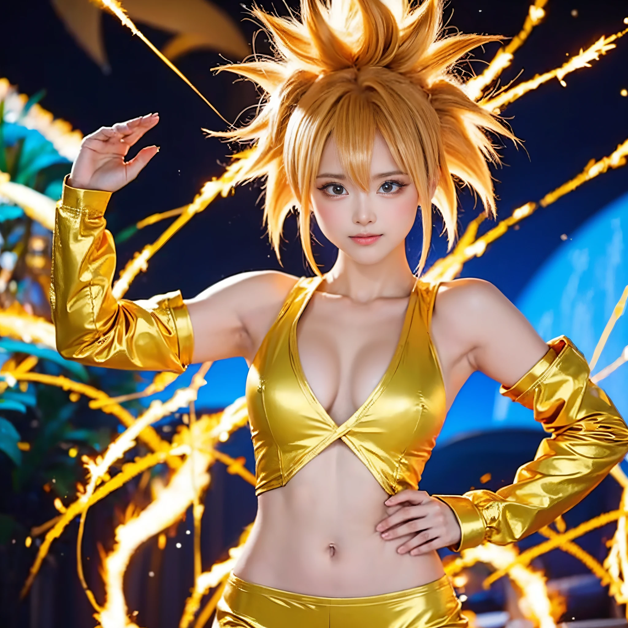 Super Saiyan Girl, Golden aura all over the body, Spark from the whole body, Unleash a wave of energy from the palm of your hand, hightquality