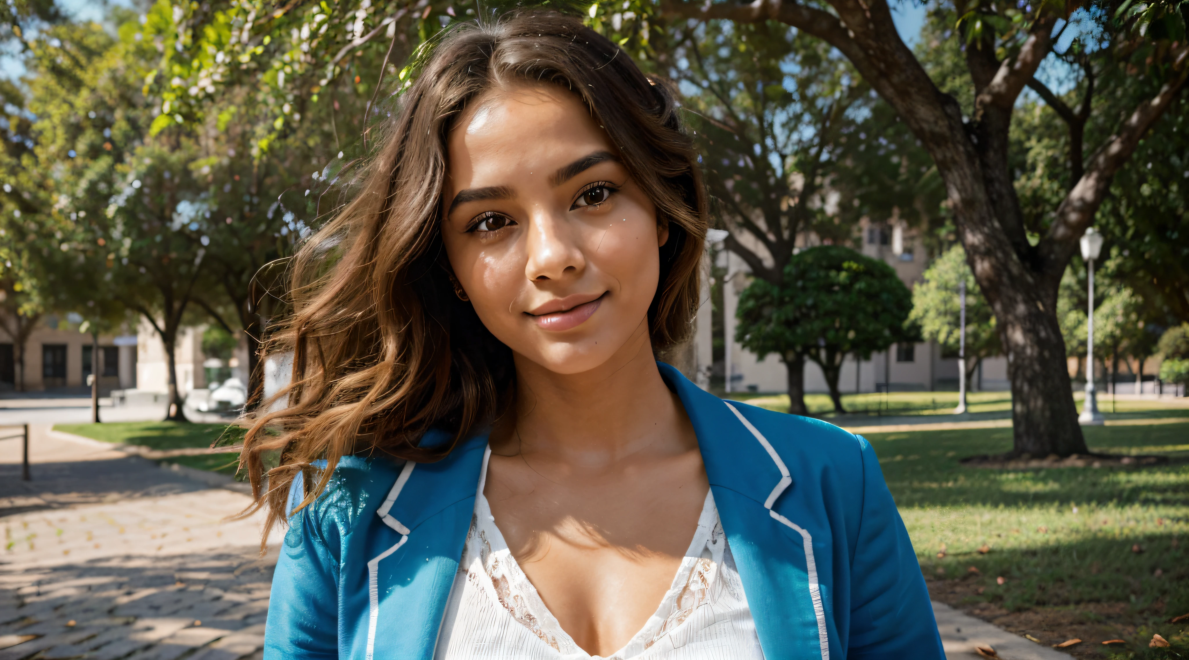 In the radiant glow of a sunny afternoon on the university campus, an Afro-Brazilian student with gorgeous blonde curls exudes confidence and style as she gracefully walks through the gardens. Vestido com um conjunto sofisticado, ela usa um blazer azul que complementa sua personalidade vibrante, paired with a crisp white blouse for a classic touch.

A luz do sol banha o campus com uma aura calorosa e convidativa, casting a soft play of light and shadows on the cobblestone paths and surrounding vegetation. The camera expertly captures the subtle details of the scene, destacando as texturas das roupas do aluno e os elementos naturais do ambiente.

Seus cachos loiros, curled with natural elegance, enquadrar seu rosto em um halo radiante. A luz solar captura os fios individuais, mostrando a beleza e a singularidade de seu penteado encaracolado. Sombras abaixo dos cachos adicionam profundidade, melhorar o impacto visual geral.

Facial features are carefully portrayed, capturing the essence of refined, confident behavior. High, captivating cheekbones, Slightly narrowed eyes contribute to an air of grace and sophistication. Lips are full and expressive, highlighting the charismatic presence of the model.

Camera angles offer multiple perspectives, capturing the model in motion as she navigates the campus scene. The blue blazer and white blouse stand out against the vibrant campus backdrop, criando um contraste visual impressionante. Background includes iconic university landmarks, combining the sophistication of academic architecture with the natural beauty of the surroundings.

This detailed image aims to bring to life the radiant elegance and individuality of an Afro-Brazilian student with blonde curls, vestida com um blazer azul e blusa branca, celebrating your unique beauty and confident presence on the college campus.