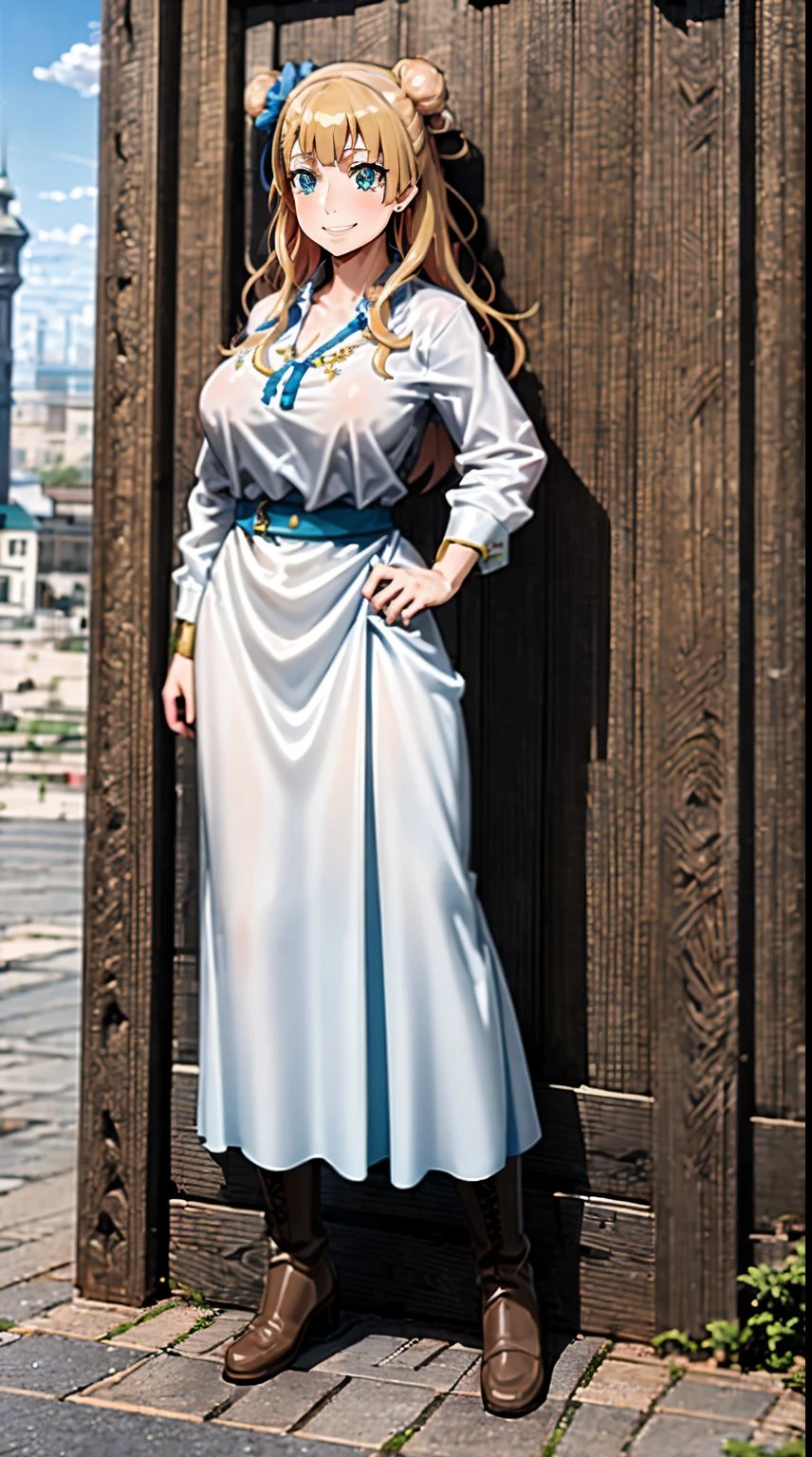 galko,1girl, solo, smile, full body, standing, long skirt, priestess, religious, holy, cute, blush, ,tall female, medieval clothing, white veil, tunic, long skirt,boots, huge brest, curvy,sexy, sensual, volouptouse, thicc, , jade green eyes
