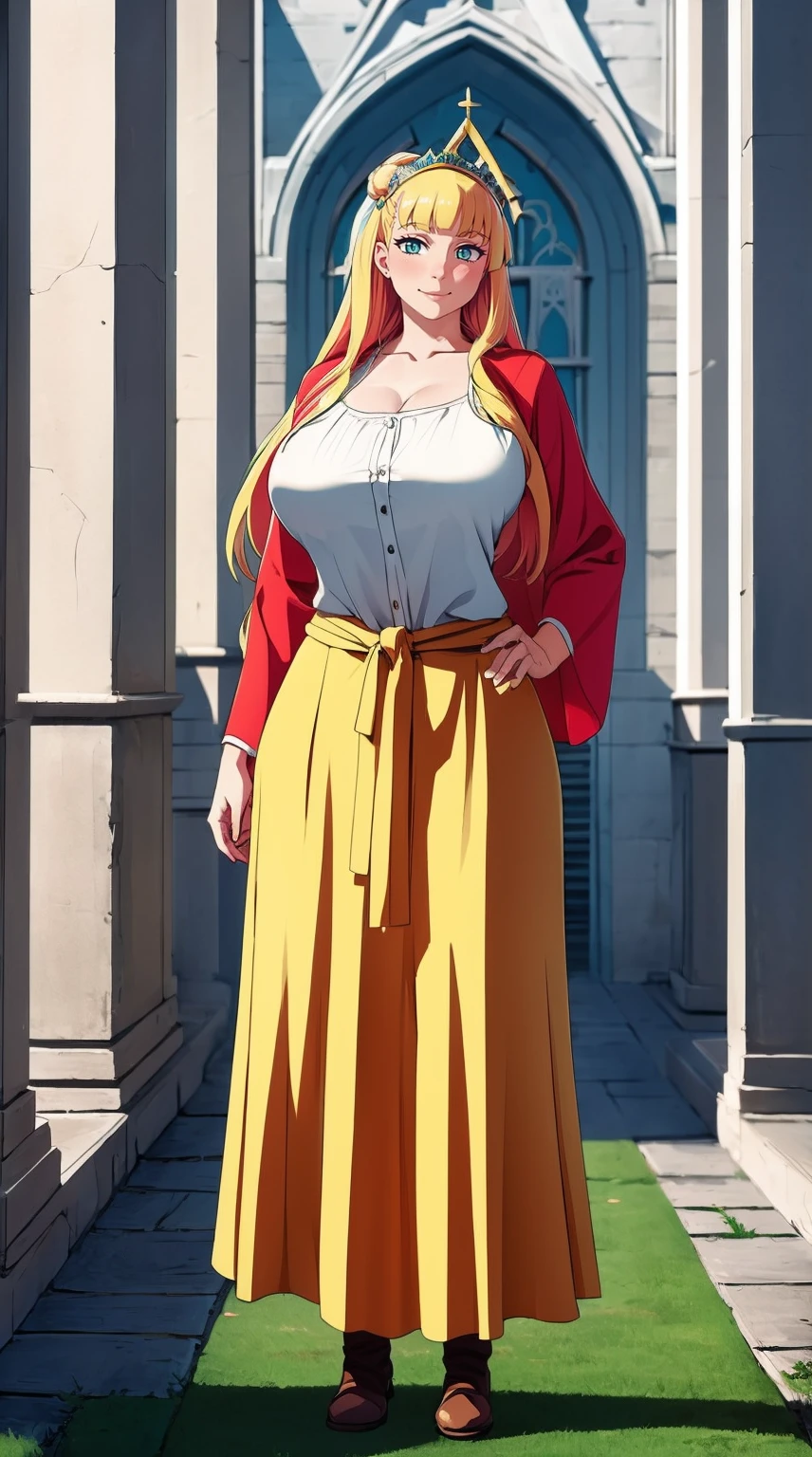 galko,1girl, solo, smile, full body, standing, long skirt, priestess, religious, holy, cute, blush, ,tall female, medieval clothing, white veil, tunic, long skirt,boots, huge brest, curvy,sexy, sensual, volouptouse, thicc, , jade green eyes