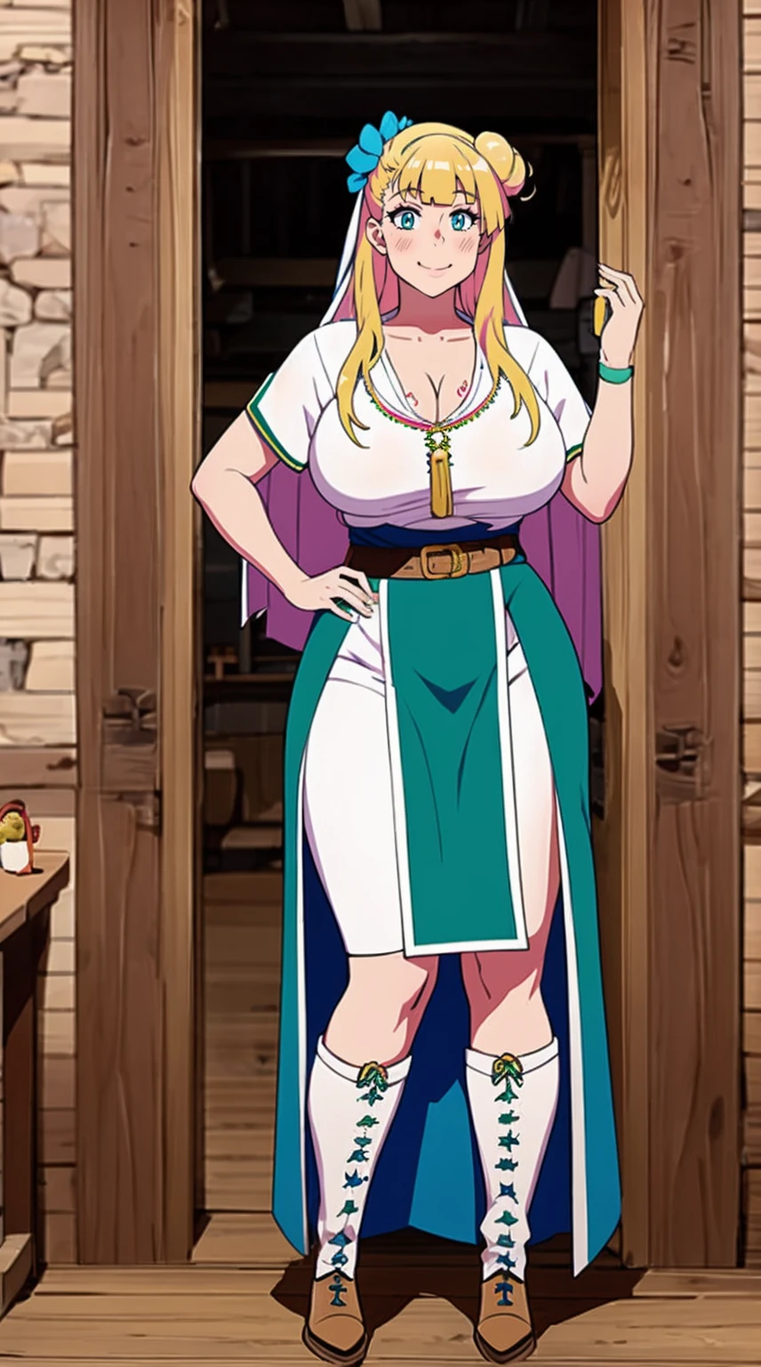 galko,1girl, solo, smile, full body, standing, long skirt, priestess, religious, holy, cute, blush, ,tall female, medieval clothing, white veil, tunic, long skirt,boots, huge brest, curvy,sexy, sensual, volouptouse, thicc, , jade green eyes