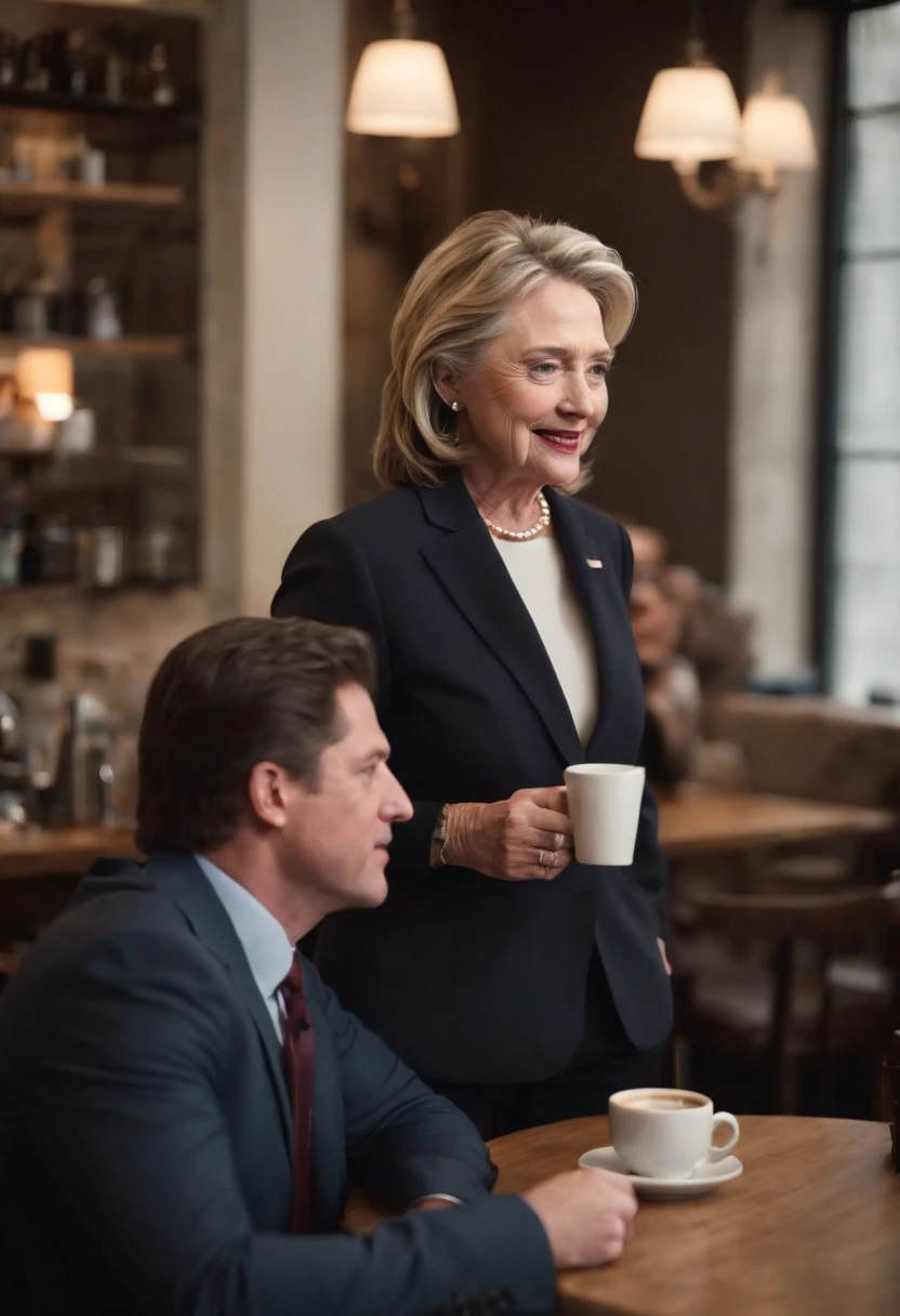 A photo of Horny Clinton attempting to flirt with a young woman at a coffee shop.,original,Looks like Bill Clinton