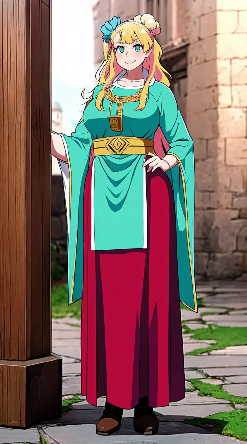 galko,1girl, solo, smile, full body, standing, long skirt, priestess, religious, holy, cute, blush, ,tall female, medieval clothing, white veil, tunic, long skirt,boots, huge brest, curvy,sexy, sensual, volouptouse, thicc, , jade green eyes