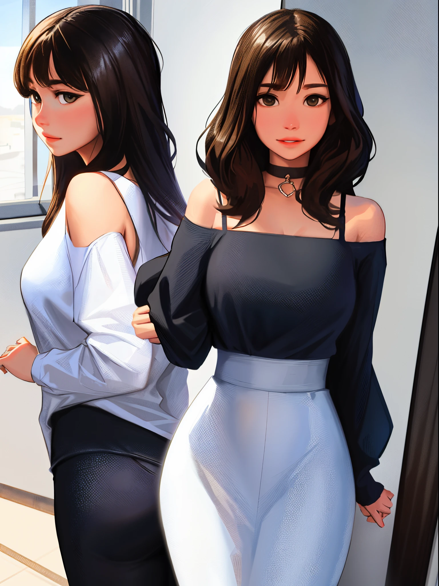 sam yang, 1girll, back, exposed bare shoulders, 黑The eye, dark circles, brown hair, 耳Nipple Ring, jewely, cparted lips, long whitr hair, looking at viewert, back to look back, choker necklace, cropped shoulders, Lips half open, sportrait, daysies, depth of fields, 独奏, ((tmasterpiece))((You may be a one-man world,But you can also be a one-man world,paradox,adrian ghenie,jenny saville,edward hopper,(RAW photos,best qualtiy)(A girl with a literary touch:1.2)(photorealestic,photograph realistic:1.3),Extremely Delicately Beautiful,Amazing,Fine details, tmasterpiece,Hyper-detailing,A high resolution,Most Best Illustration,复杂,depth of fields,1girll,(long leges:1.4),long whitr hair,messy hair,Girl with thick fat chunky physique,((gentlesoftlighting:1.4))),(paleskin:1.4),(smile shy),(Movie Angle),tack sharp focus,volume fog,8K UHD,digital SLR camera,high qulity,(filmgrain:1.4),富士XT3,(looking at viewert)