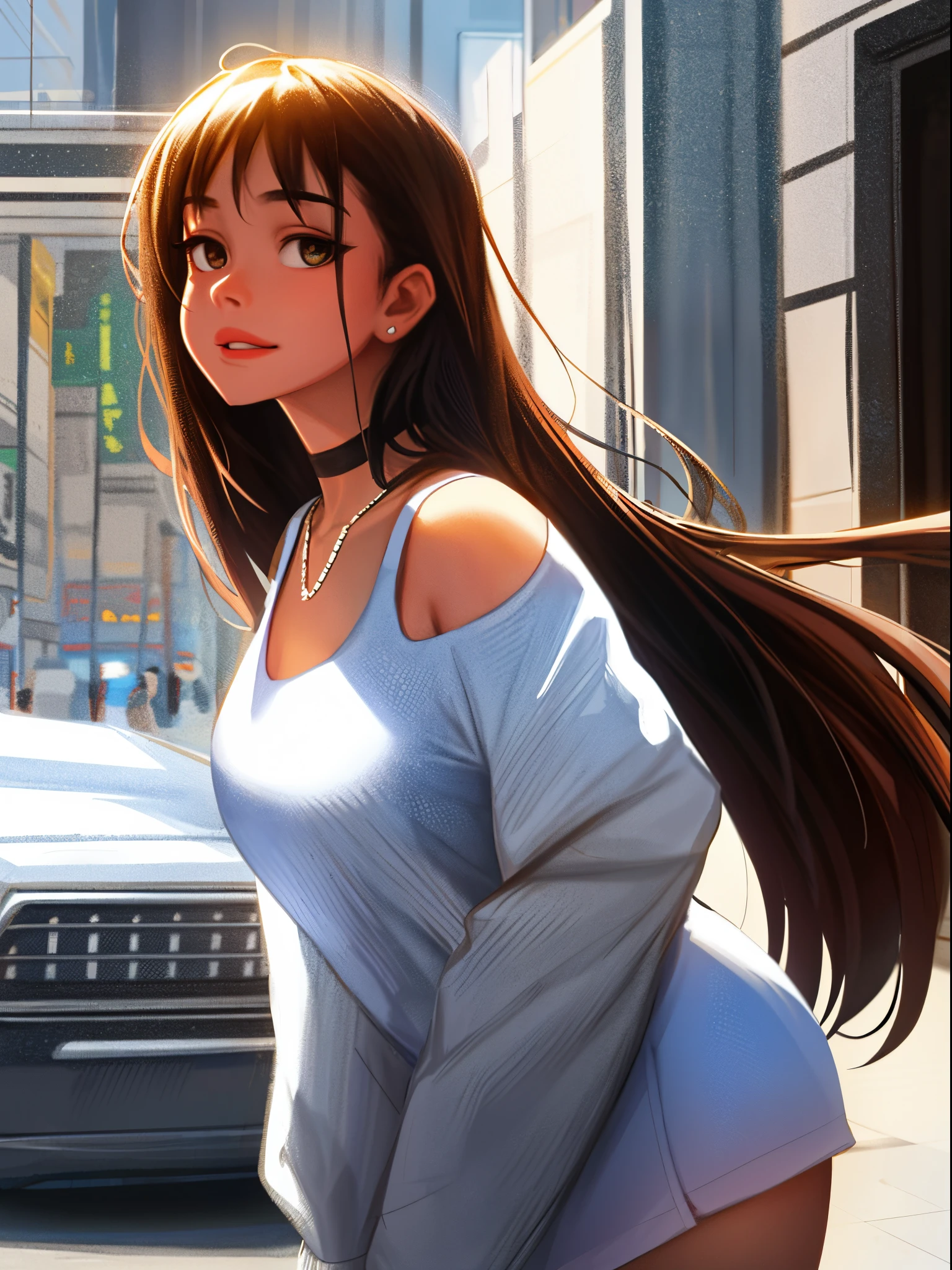 sam yang, 1girll, back, exposed bare shoulders, 黑The eye, dark circles, brown hair, 耳Nipple Ring, jewely, cparted lips, long whitr hair, looking at viewert, back to look back, choker necklace, cropped shoulders, Lips half open, sportrait, daysies, depth of fields, 独奏, ((tmasterpiece))((You may be a one-man world,But you can also be a one-man world,paradox,adrian ghenie,jenny saville,edward hopper,(RAW photos,best qualtiy)(A girl with a literary touch:1.2)(photorealestic,photograph realistic:1.3),Extremely Delicately Beautiful,Amazing,Fine details, tmasterpiece,Hyper-detailing,A high resolution,Most Best Illustration,复杂,depth of fields,1girll,(long leges:1.4),long whitr hair,messy hair,Girl with thick fat chunky physique,((gentlesoftlighting:1.4))),(paleskin:1.4),(smile shy),(Movie Angle),tack sharp focus,volume fog,8K UHD,digital SLR camera,high qulity,(filmgrain:1.4),富士XT3,(looking at viewert)
