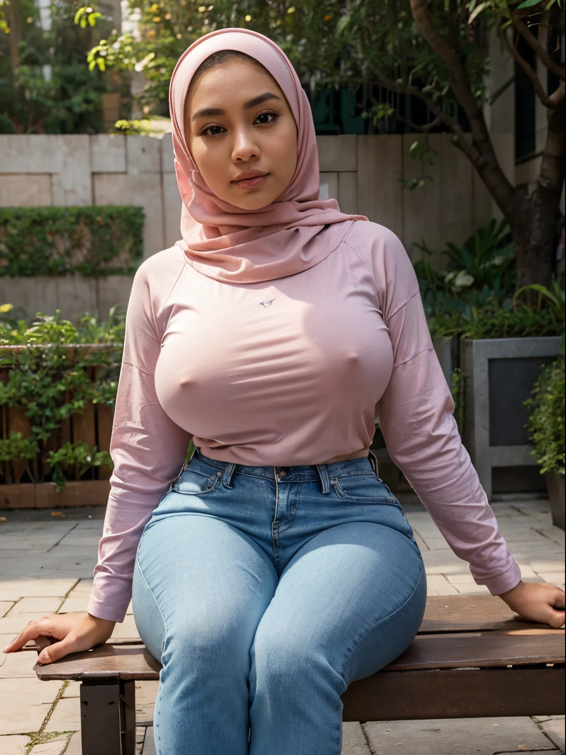 RAW, Best quality, high resolution, masterpiece: 1.3), beautiful Malay woman in hijab, Masterpiece, perfect slim fit body, (big breasts), big gorgeous eyes, Soft smile, wear a pastel loose long sleeve shirt and a tight jeans legging, thick thighs, sitting on bench with seducing pose, shairband, afternoon walk, City garden, soft lighting, Bright colors, Clean lines