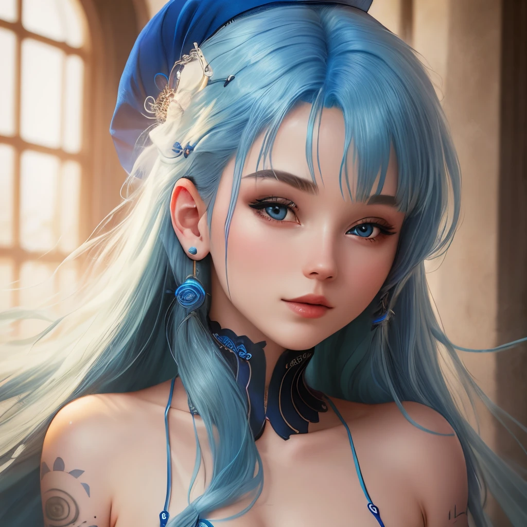 1 girl, lucina, fire emblem, blue hair, blue eyes, soft, soft light, delicate, jewelry, frills, (cum on face, vagina), small breasts, filigree, exposed breasts, blue, on knees, close up on face, tongue out, mouth open, excited, ffacial