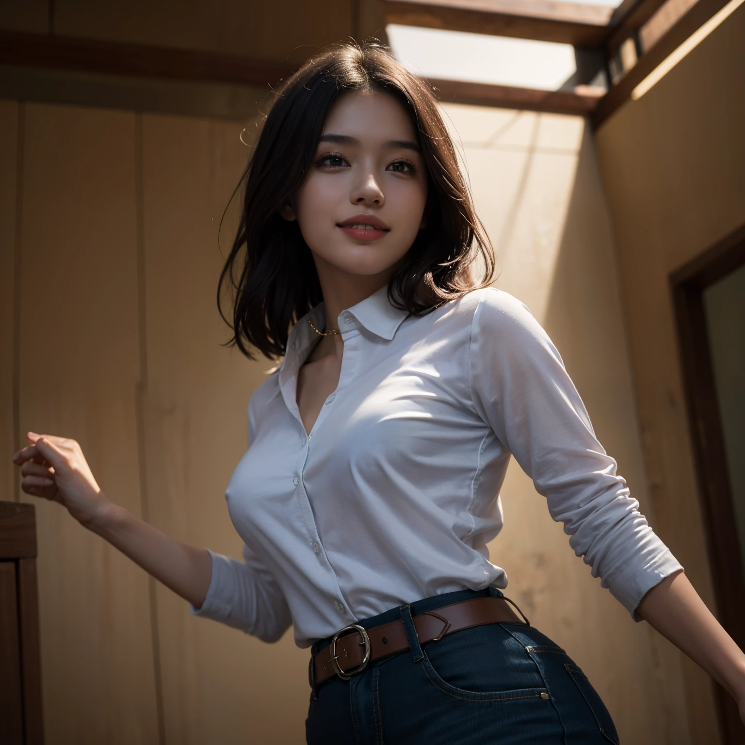 best quality, masterpiece, (photorealistic:1.4), 1girl, light smile, shirt with collars, waist up, dramatic lighting, from below