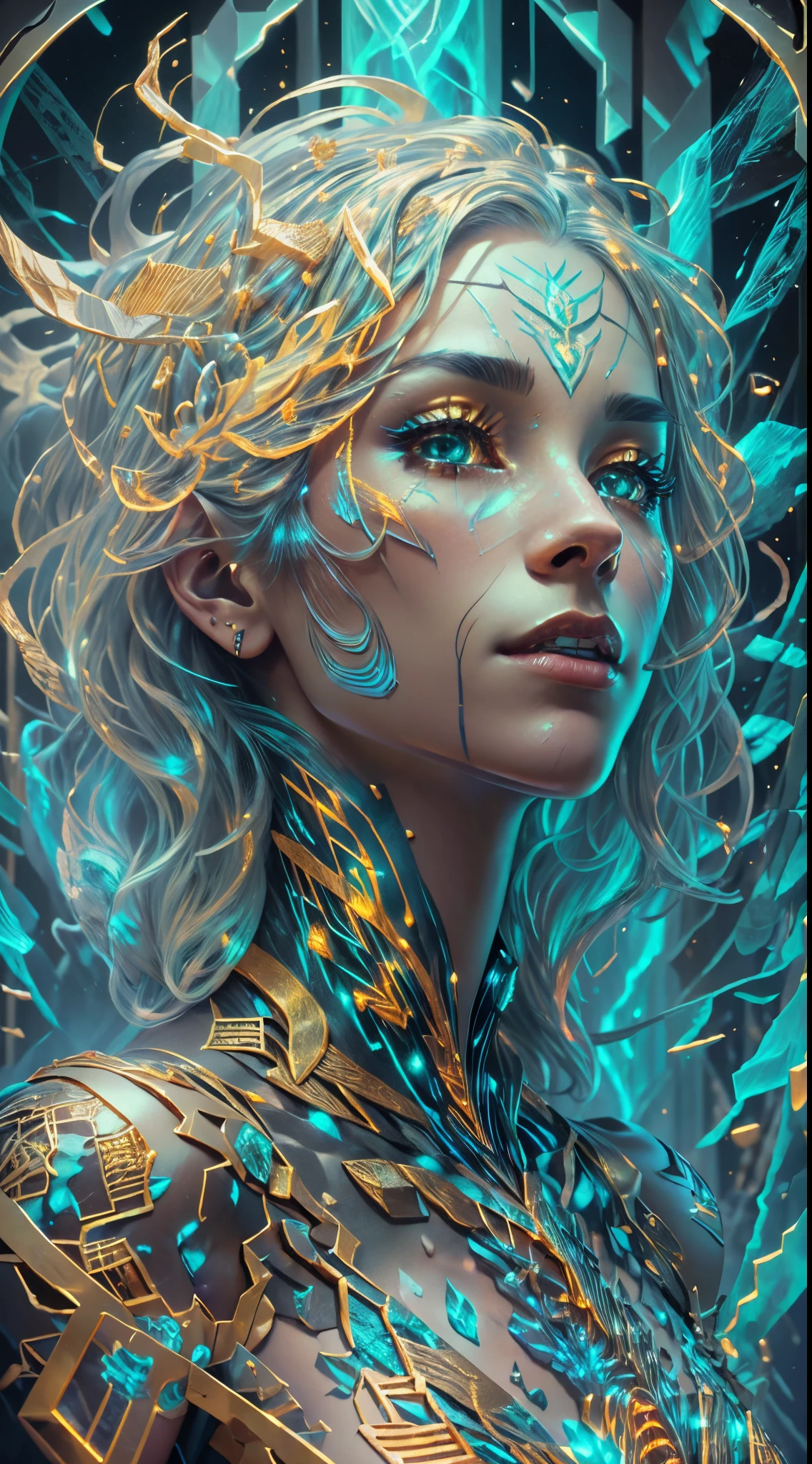 Full body, low angle, wide angle, insanely hyper-detailed and intricate realistic, corrupted female, ((black-gold glowing tattoo on shoulder)), messy platinum hair, sunny, active pose, long legs, slender body, ice flowers (((luminescent circuitry patterns that glow with an eerie blue hue))), detailed face, detailed skin, front, frozen forest in background, choker, hyperdetailed painting, luminism, Bar lighting, complex, 16k resolution concept art portrait by Greg Rutkowski, Alphonse Mucha