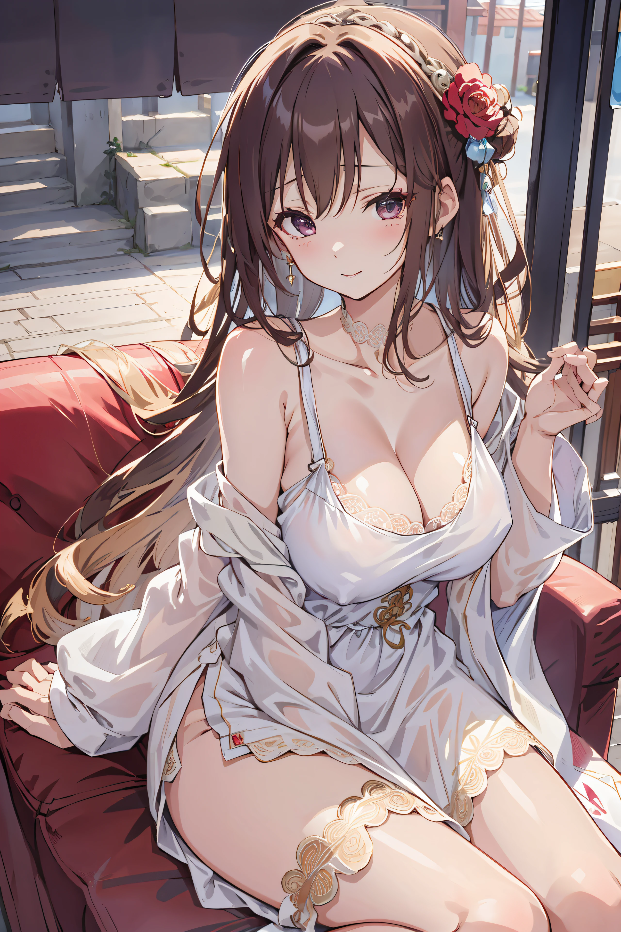 (masutepiece:1.2), (Best Quality:1.2), (((masutepiece))), (((Best Quality))), Perfect eyes, Perfect face, 22 year old princess、Shy smile、Kamimei、Fantasy Medieval City Castle Town , ((medium large breasts))、Puffy nipple、Long wavy hair, dark brown hair, lace dresses、gorgeous floral long skirt, Hair Ornament, Detailed background, eyeshadows, Fantasy、sexy pose、Sit on the sofa、Chest Emphasis Pose