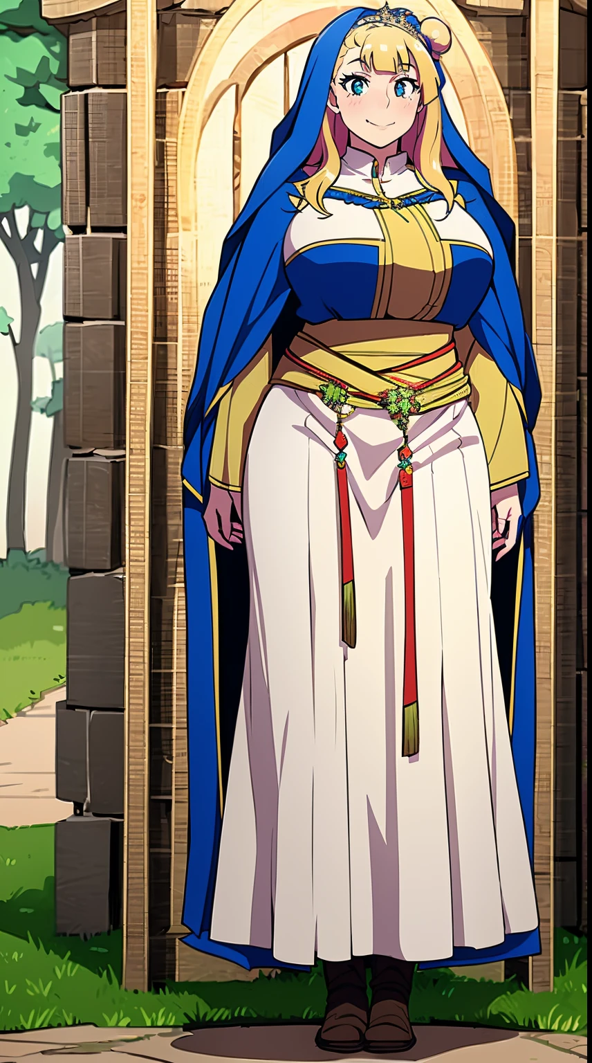 galko,1girl, solo, smile, full body, standing, long skirt, priestess, religious, holy, cute, blush, ,tall female, medieval clothing, white veil, tunic, long skirt,boots, huge brest, curvy,sexy, sensual, volouptouse, thicc, , jade green eyes