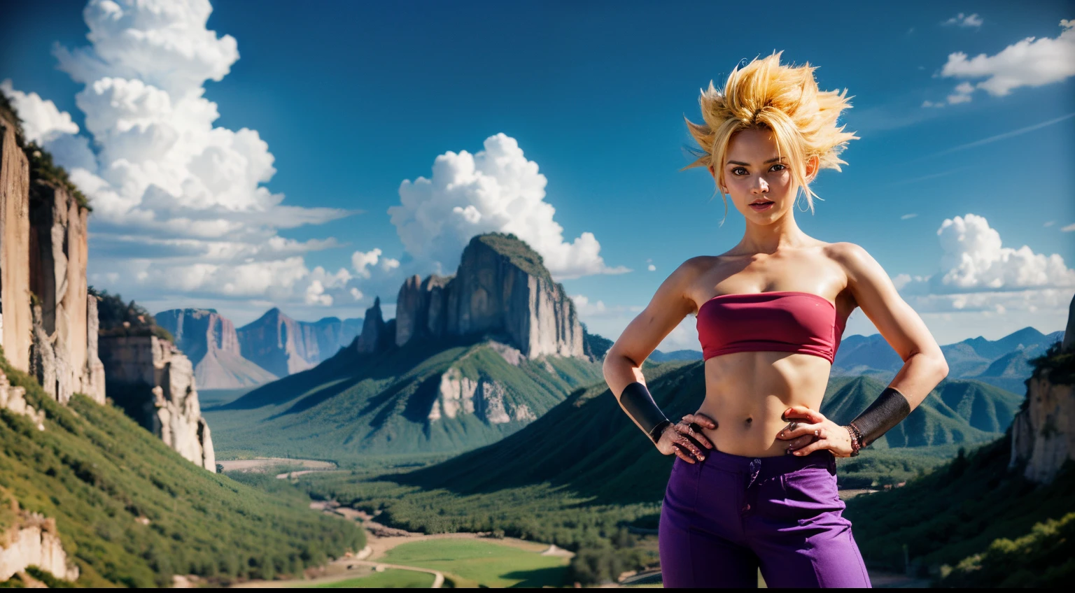 masterpiece, best quality, ssjcaulifla, blonde hair, aqua eyes, tube top, purple pants, bracers, cowboy shot, looking at viewer, smile, furrowed brow, hands to hips, sky, clouds, detailed face, detailed eyes, aura