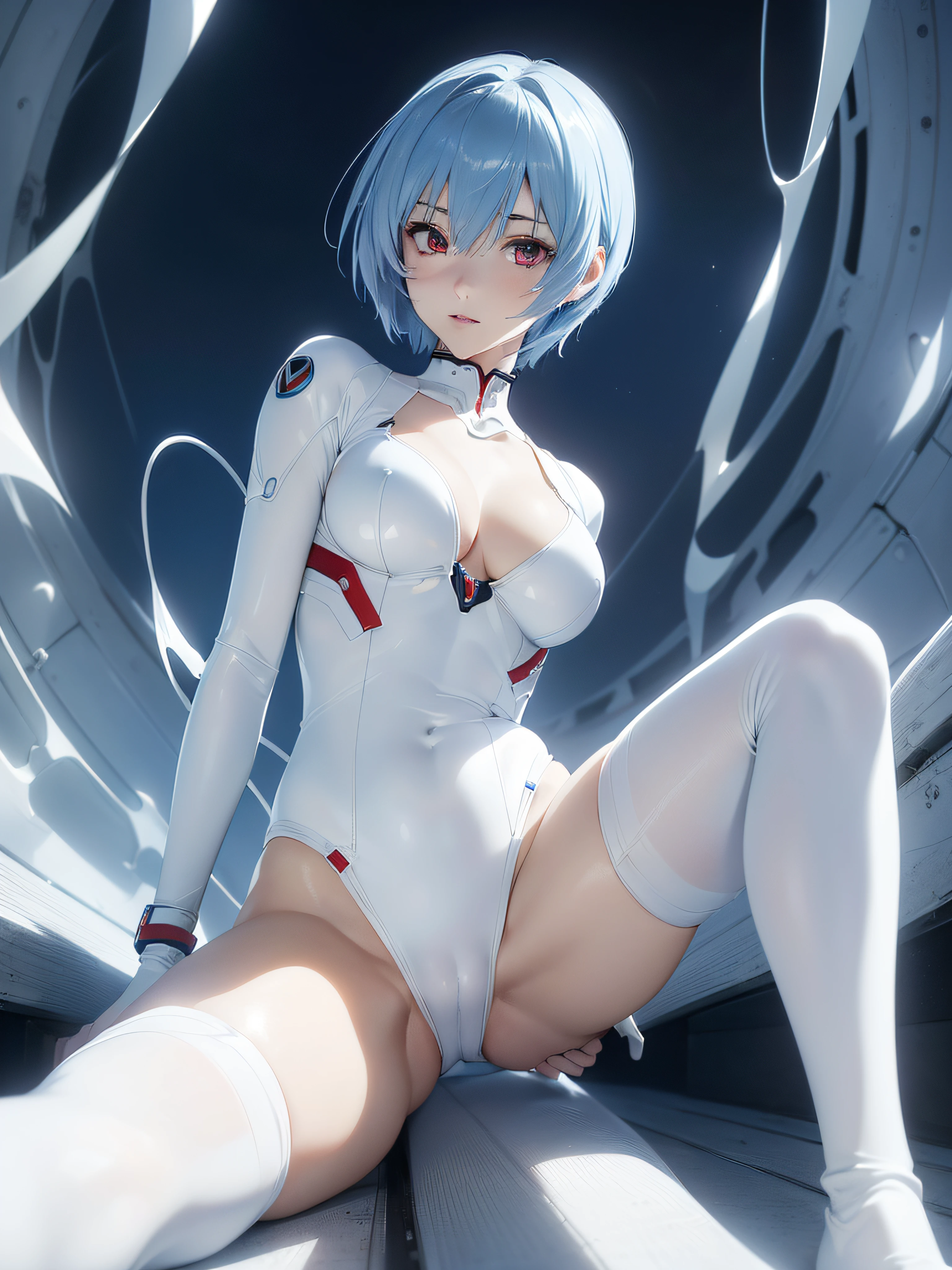 (masutepiece, Best Quality, Ultra-detailed, 8K, Wallpaper, Photorealistic), ((Perfect hands)), ((Perfect Anatomy)), medium cleavage,  ((charming anime girls)), ((Rei Ayanami)), ((Capturing her ethereal beauty with pale skin, The dense indigo short hair is impressive)),clean detailed faces、kindly smile、Look at viewers、 ((Eta、Bright red eyes that seem to hide the abyss of mystery)), ((She wears her signature white plug suit, Sleek and fit to the body, With subtle blue accents)), ((medium shot, From below)), ((dynamic background)), ((Sensual Pose)),sit on stairs、Kamimei、(((Spread your legs apart:1.5)))、