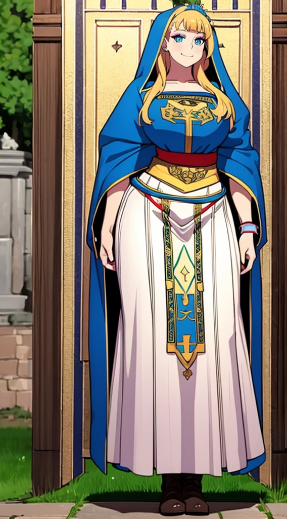 galko,1girl, solo, smile, full body, standing, long skirt, priestess, religious, holy, cute, blush, ,tall female, medieval clothing, white veil, tunic, long skirt,boots, huge brest, curvy,sexy, sensual, volouptouse, thicc, , jade green eyes, makeup, half lipstic,