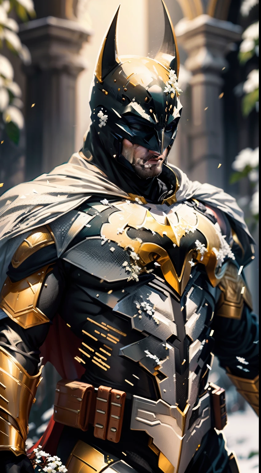 Batman de corpo inteiro em um branco, terno de armadura dourado e vermelho, em uma floresta de neve branca, neve caindo sobre a armadura, O pecado brilha sobre o traje de armadura, hyper realistic, fotorrealista, detalhes intrincados do tecido, needle-tip winemaking elements, Foto realism, 24k resolution, estilo de arte hiper detalhe em Leonardo Da Vinci uma foto premiada