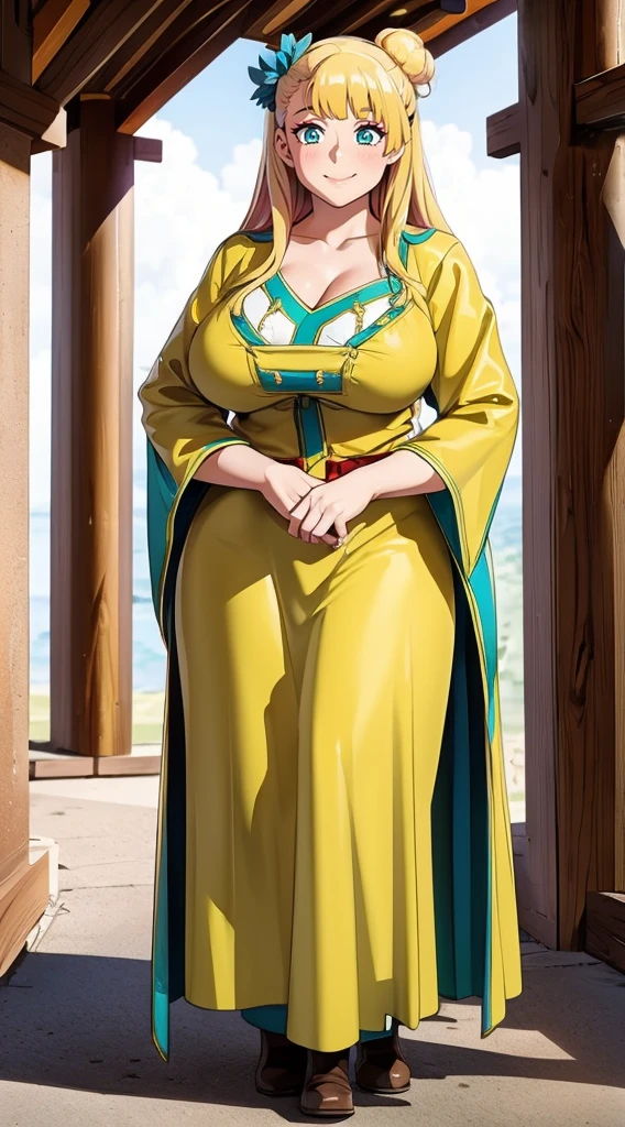 galko,1girl, solo, smile, full body, standing, long skirt, priestess, religious, holy, cute, blush, ,tall female, medieval clothing, white veil, tunic, long skirt,boots, huge brest, curvy,sexy, sensual, volouptouse, thicc, , jade green eyes, makeup, half lipstic,