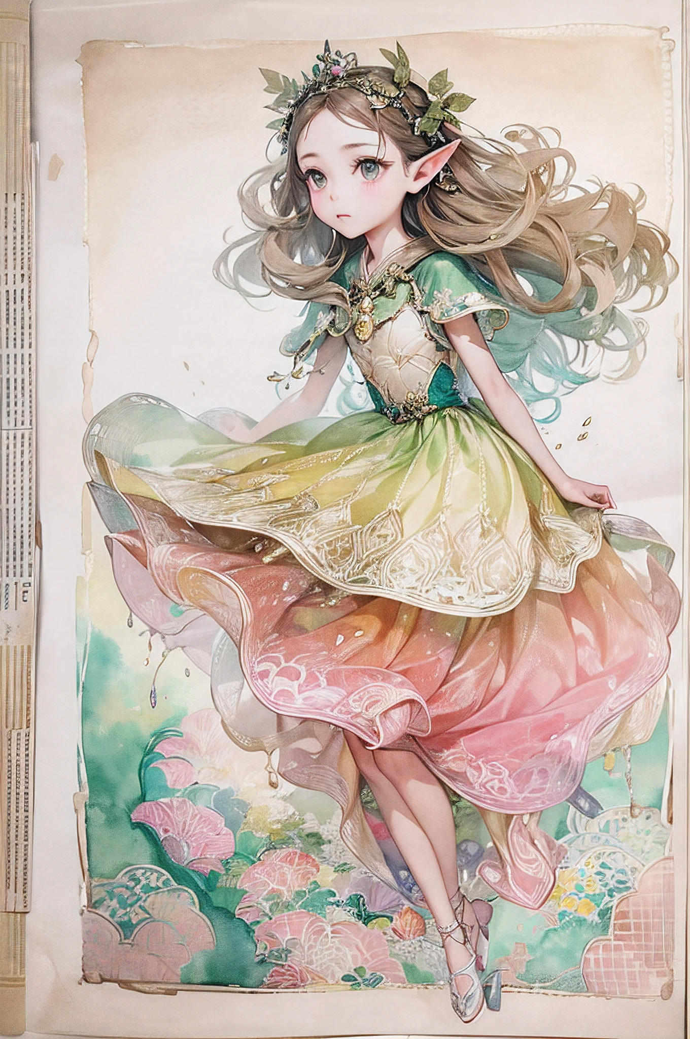 （Victoria Potter）
The elf princess flew up into the sky high enough to see the world and looked down on it. The world is not spherical but flat. The elf princess is very beautiful, wearing a glamorous dress.(Ink on Japanese paper, which tends to bleed easily)(contemporary art like a picture book) (transparent watercolor) (light itself expressed as real) (layers of soft, rich colors) (shades of paint dissolved thinly with water) (deep, delicate colors)