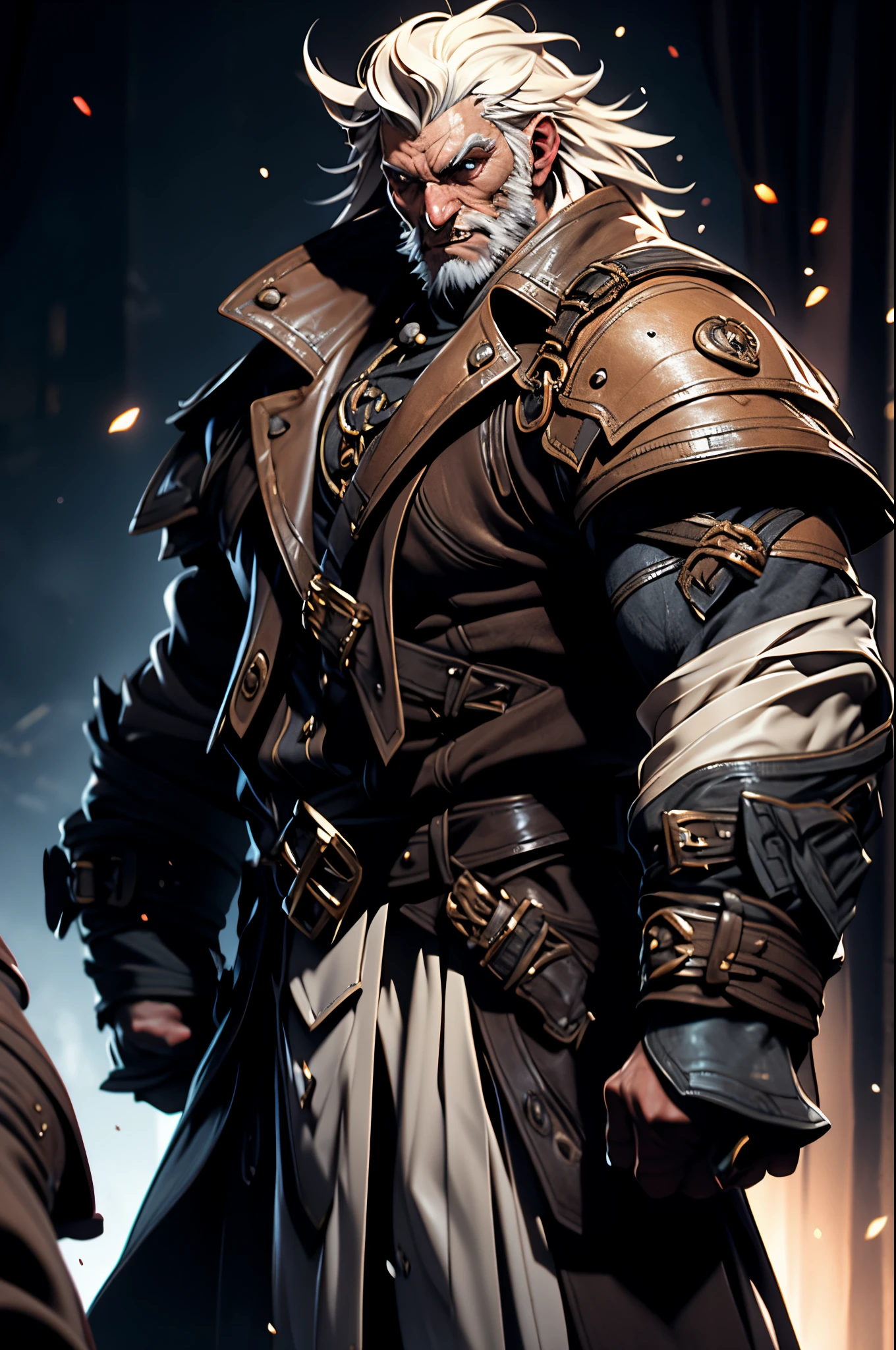 An elderly person, long white hair, tall and muscular, wearing a Gothic-style leather trench coat, a vampire hunter, ((3D)), unreal engine, physically-based rendering, noble, high definition, best quality, highres, ultra-detailed, ultra-fine painting, extremely delicate, professional, anatomically correct, symmetrical face, extremely detailed eyes and face, high quality eyes, creativity, RAW photo, UHD, 8k, Natural light, cinematic lighting, masterpiece-anatomy-perfect, masterpiece:1.5